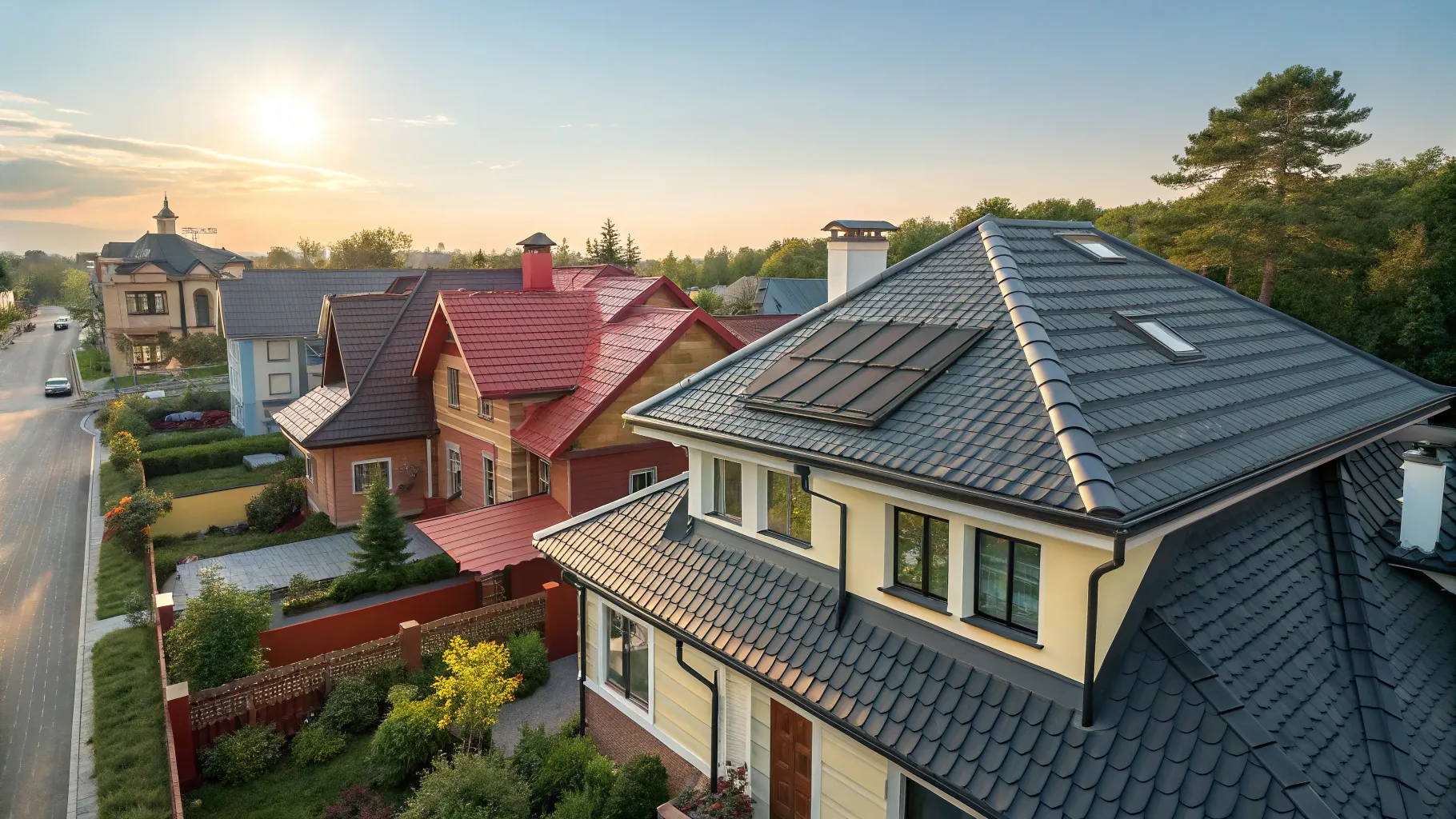 Top Tips for Roof renovation: Bright house with freshly renovated roofs showcasing various materials.
