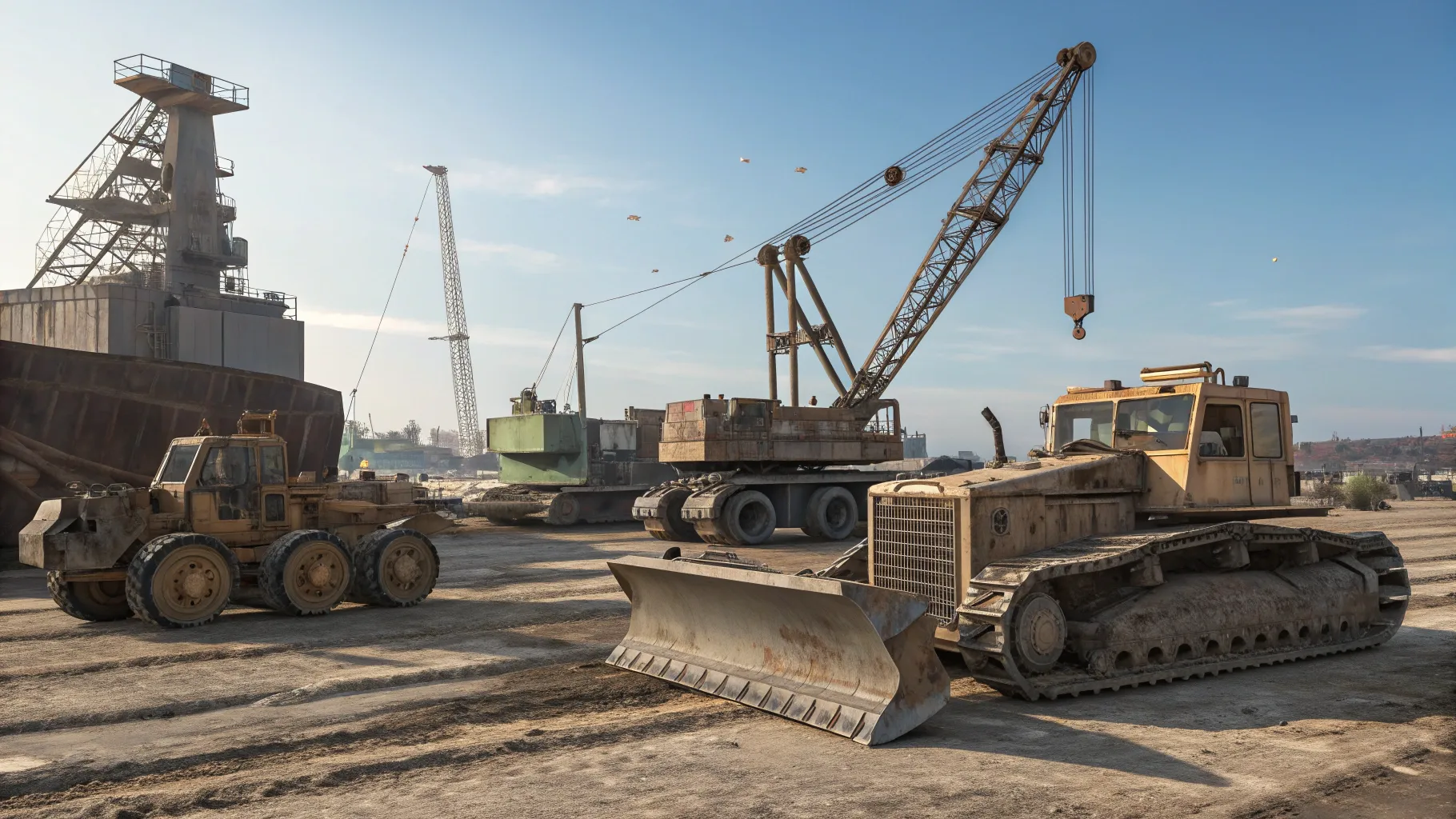 Ex Military Heavy Equipment showcased in a yard, highlighting rugged machinery details.