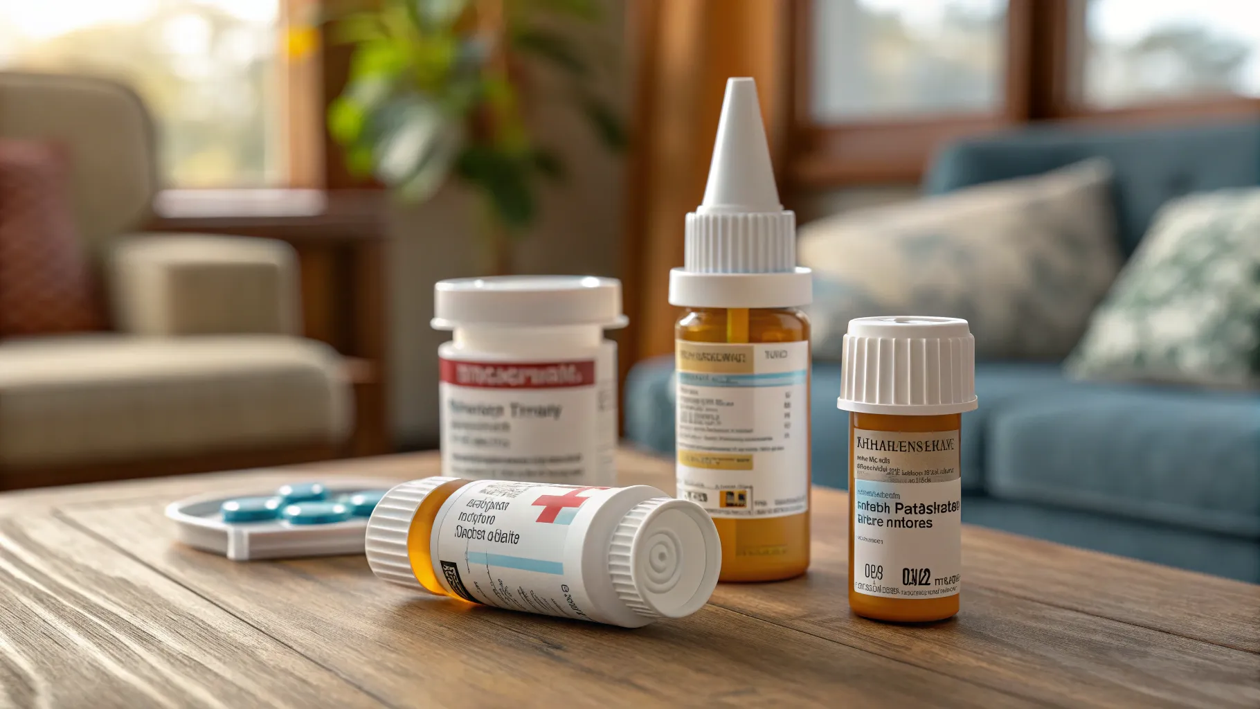 Glaucoma medications and eye drops for seniors on a table with soft natural light.