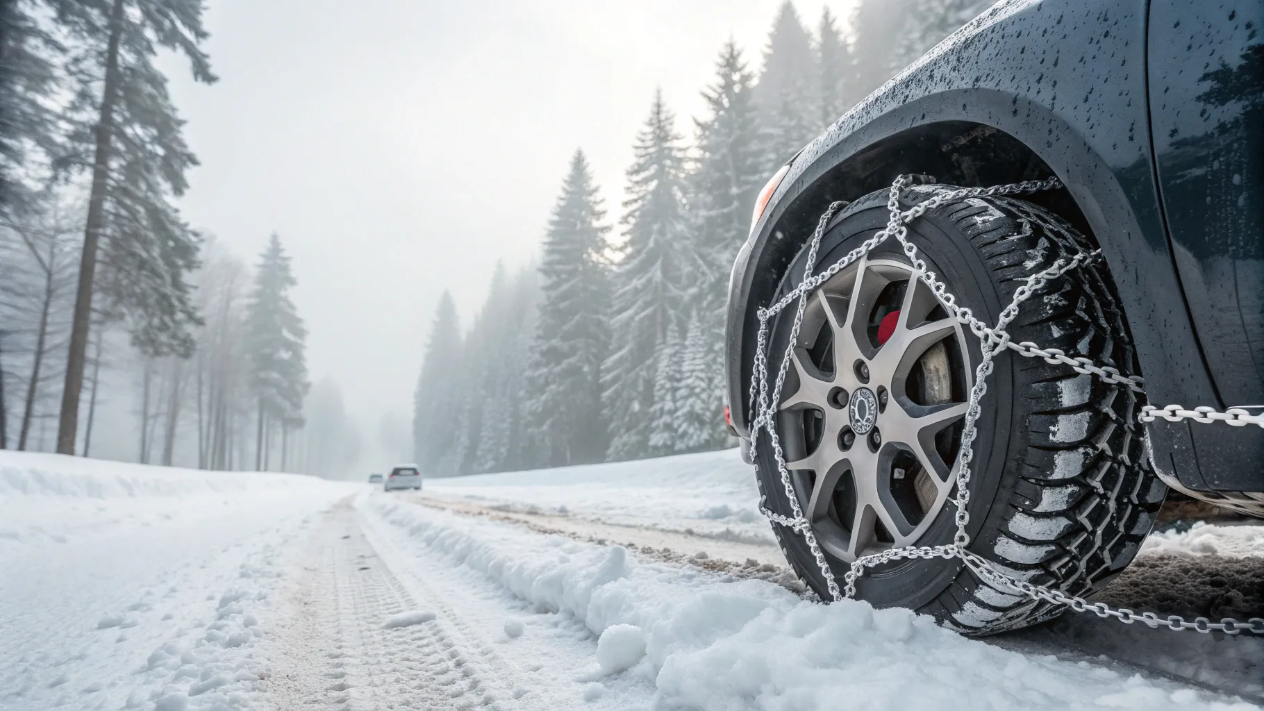 A Guide to Choosing the Right Snow Chains for Your Vehicle, showcasing snow chains on tires.