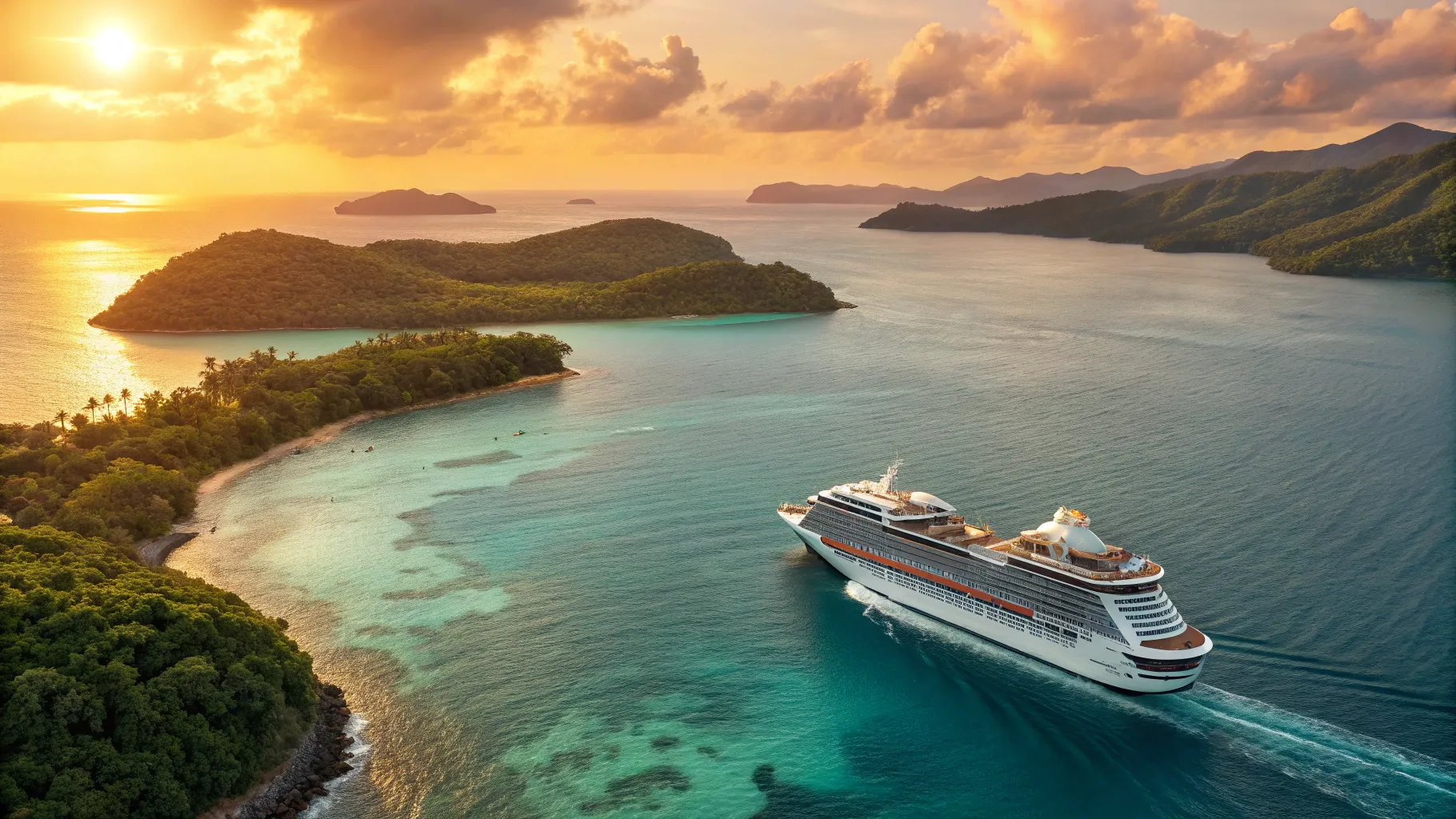 Sydney to Phuket Cruise Information features a stunning ship at sunset on turquoise waters.