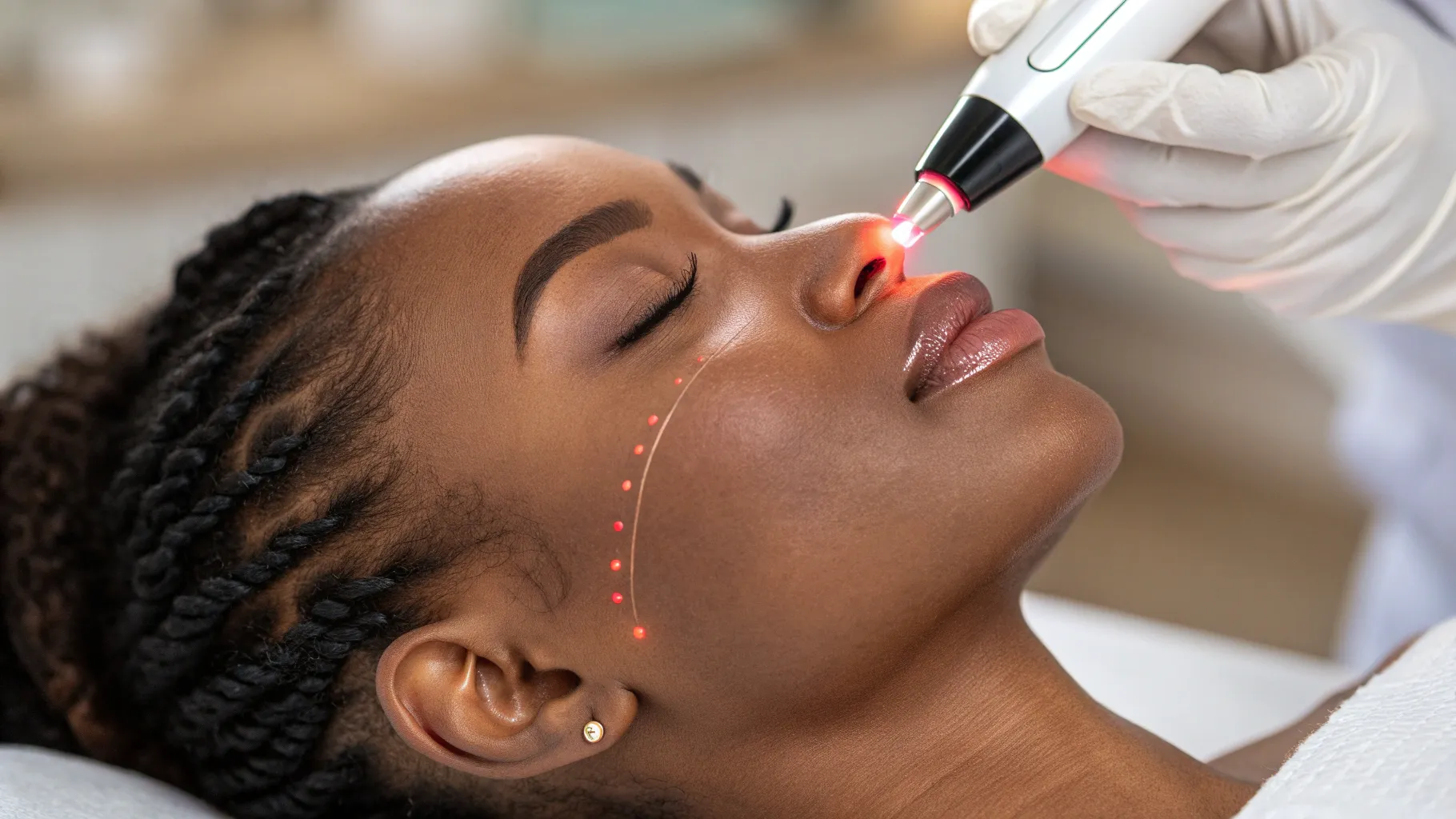 Hyperpigmentation Laser Treatment for Dark Skin shows a laser device on dark skin surface.