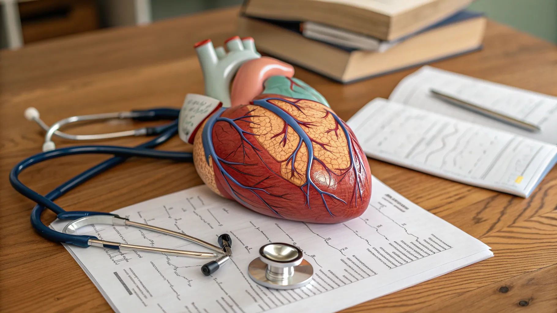 Common Heart Attack Warning Signs depicted in an intricate heart model and medical tools.