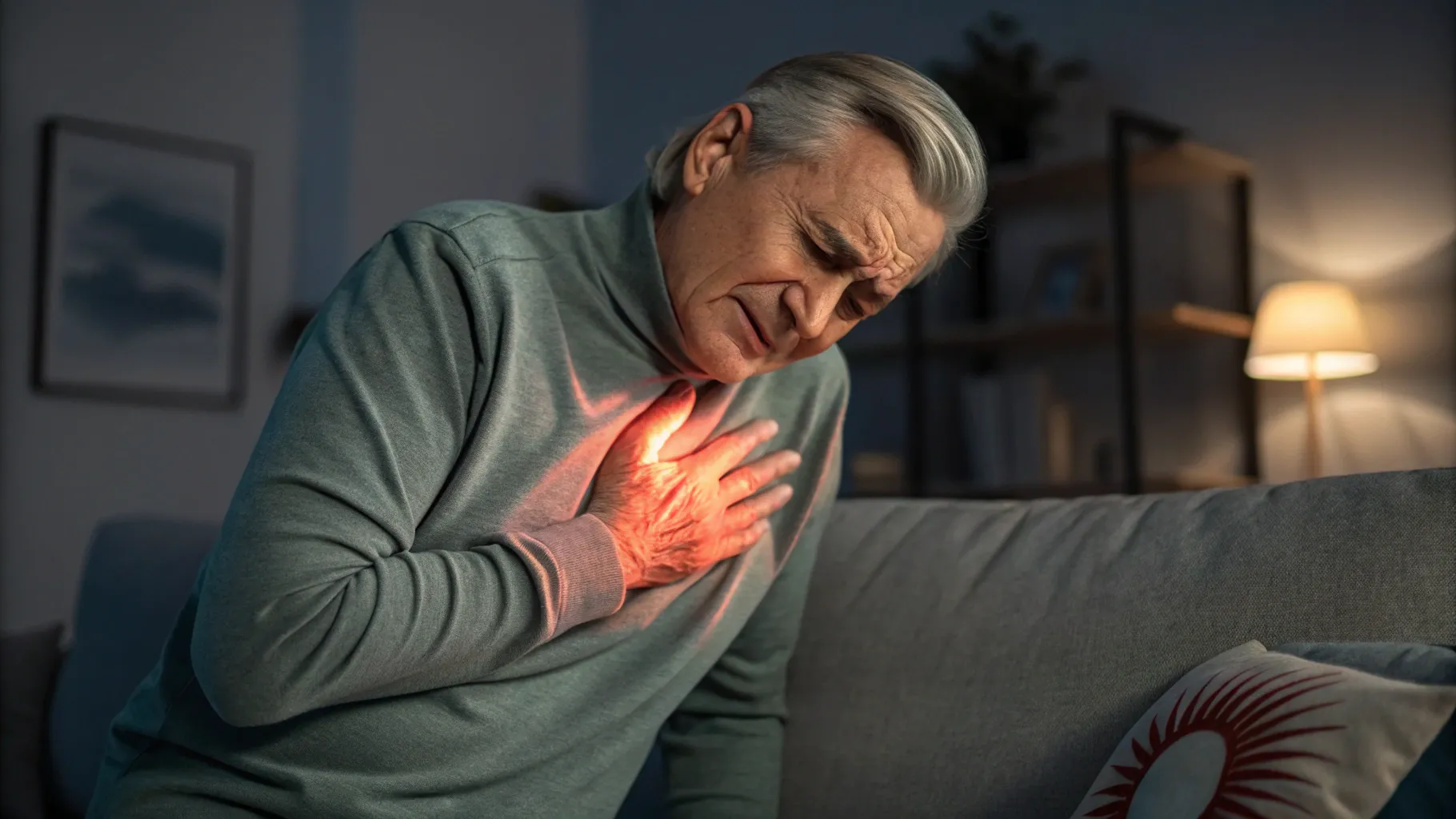 Common Warning Signs of a Heart Attack: person clutching chest in dim living room scene.