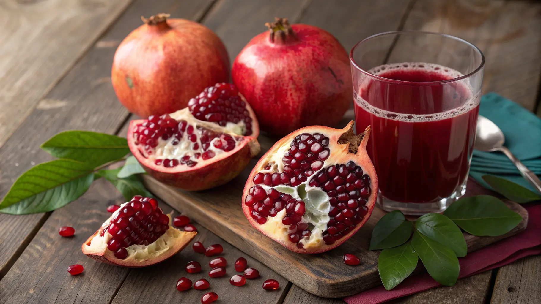 Pomegranate for Heart Health: Fresh pomegranates and juice showcase vibrant health benefits.