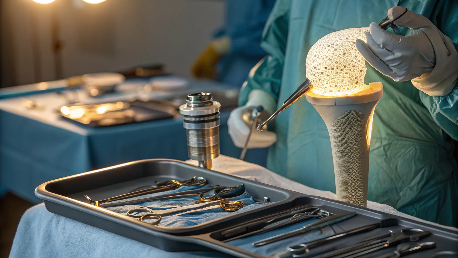 Hip Surgery with surgical instruments, prosthetic joint in a sterile operating room.