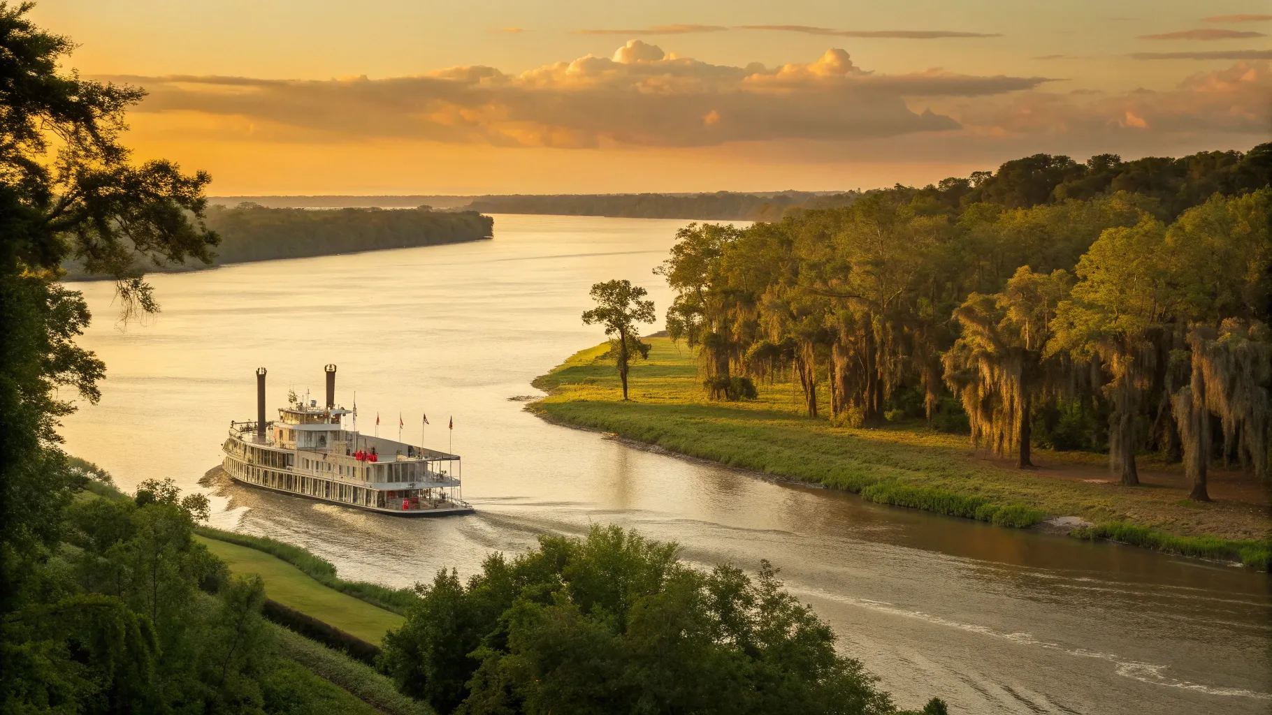 Mississippi River Cruises from Memphis to New Orleans with a serene sunset over the water.