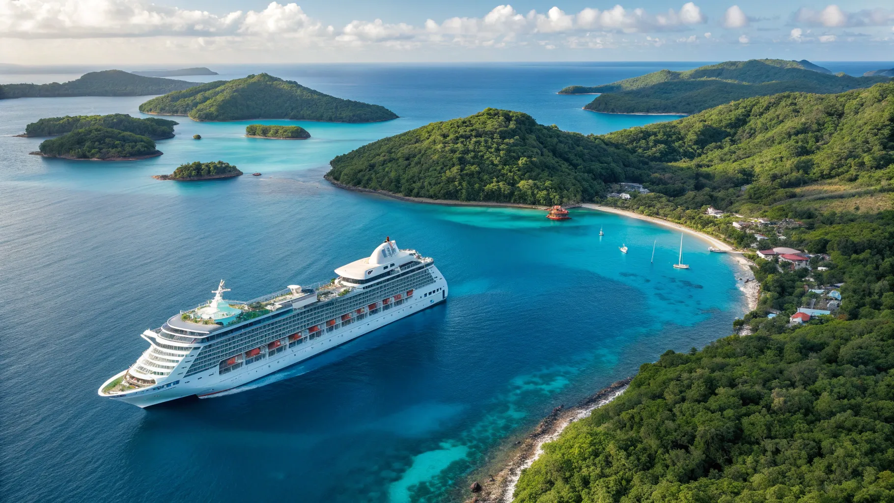 Cruises from Miami to Caribbean show a ship sailing through vibrant blue waters and lush islands.
