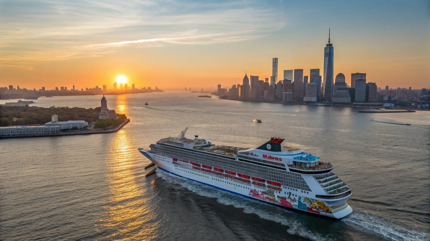Cruises from New York to Caribbean setting sail against a sunset skyline of Manhattan.