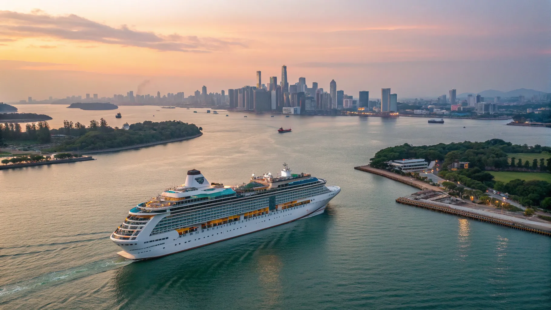 Cruises from Singapore to Asia showcase a magnificent cruise ship at sunset over tranquil waters.