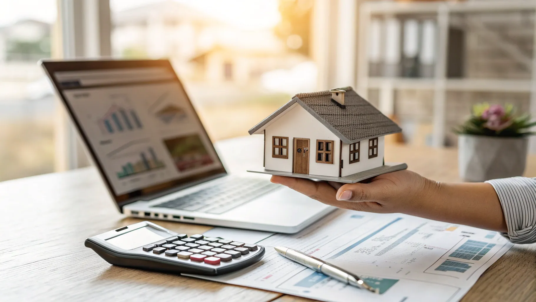 How to Buy Your First Home Smartly: A hand with a house model and home finances in view.