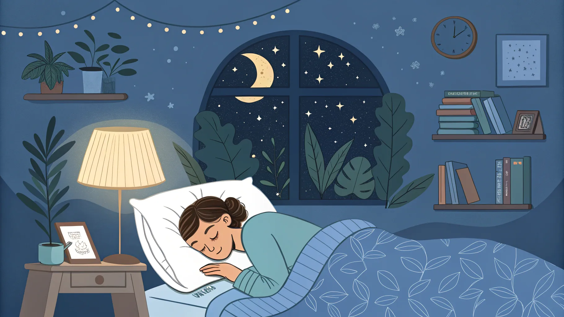Read more about how many hours the average person sleeps in a year. Cozy sleep scene at night.