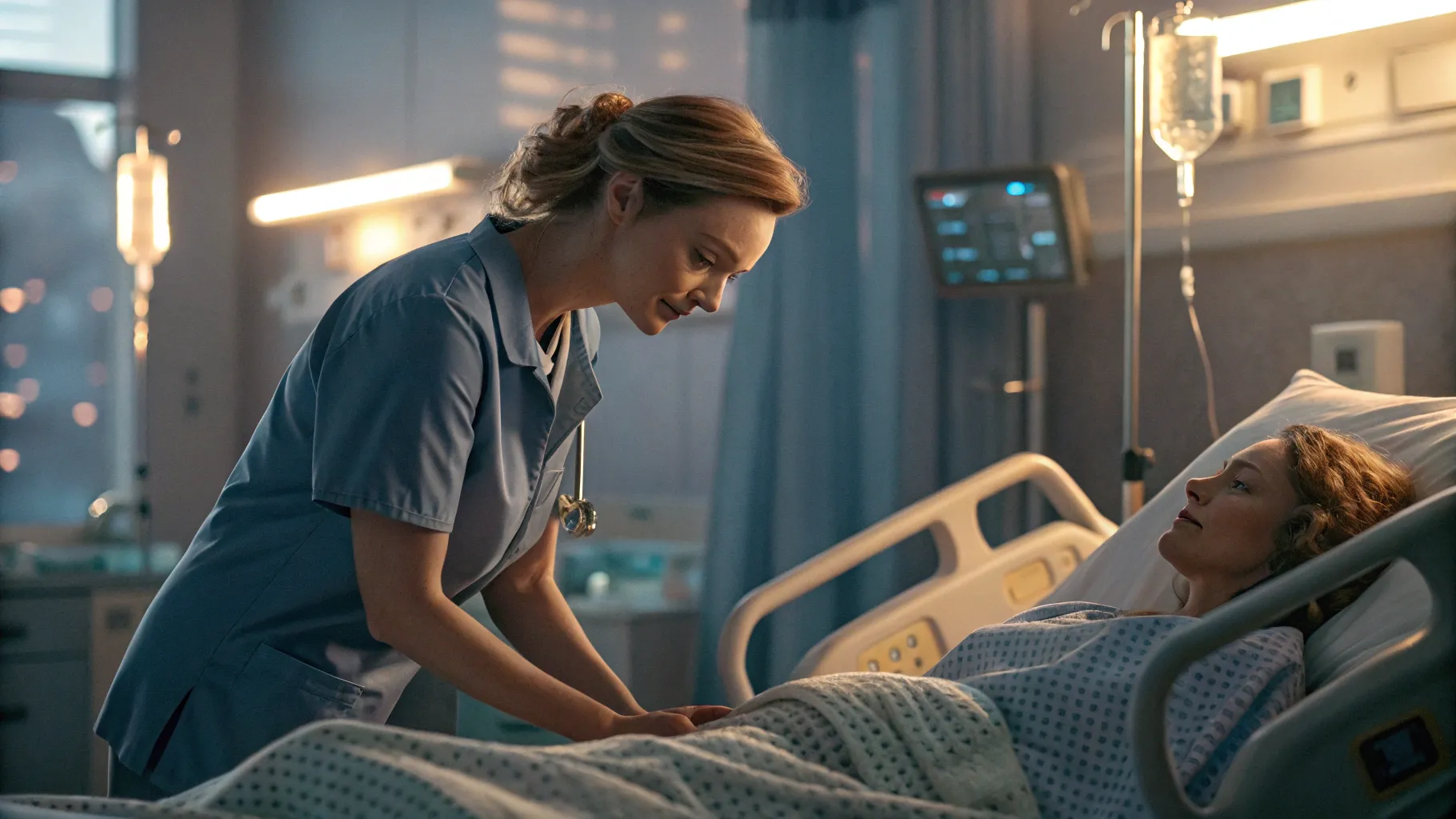 Medical nurse caring for a patient, surrounded by medical equipment and soft lighting.