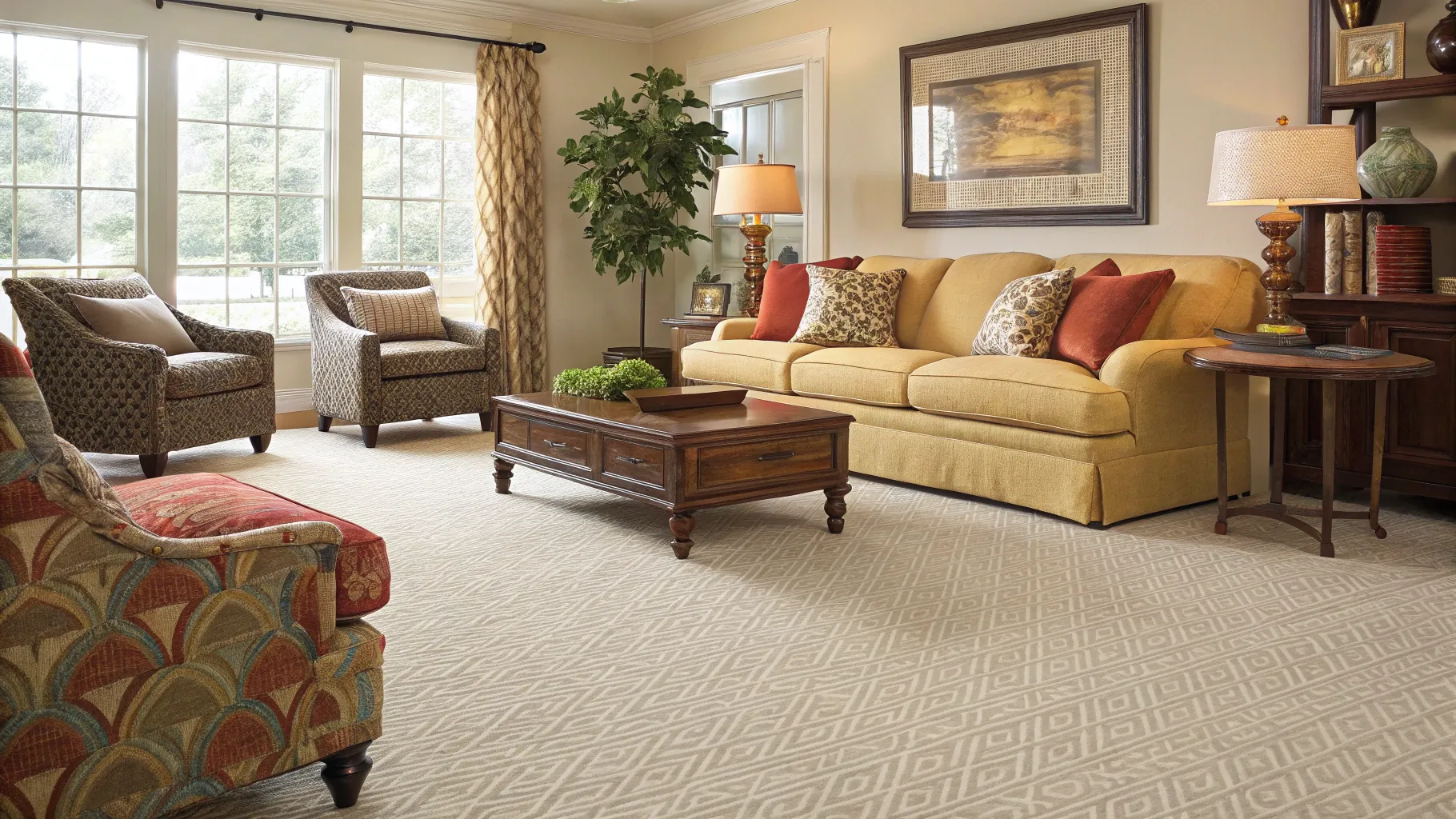 Carpet Replacement and Installation in a cozy living room with textured carpet.