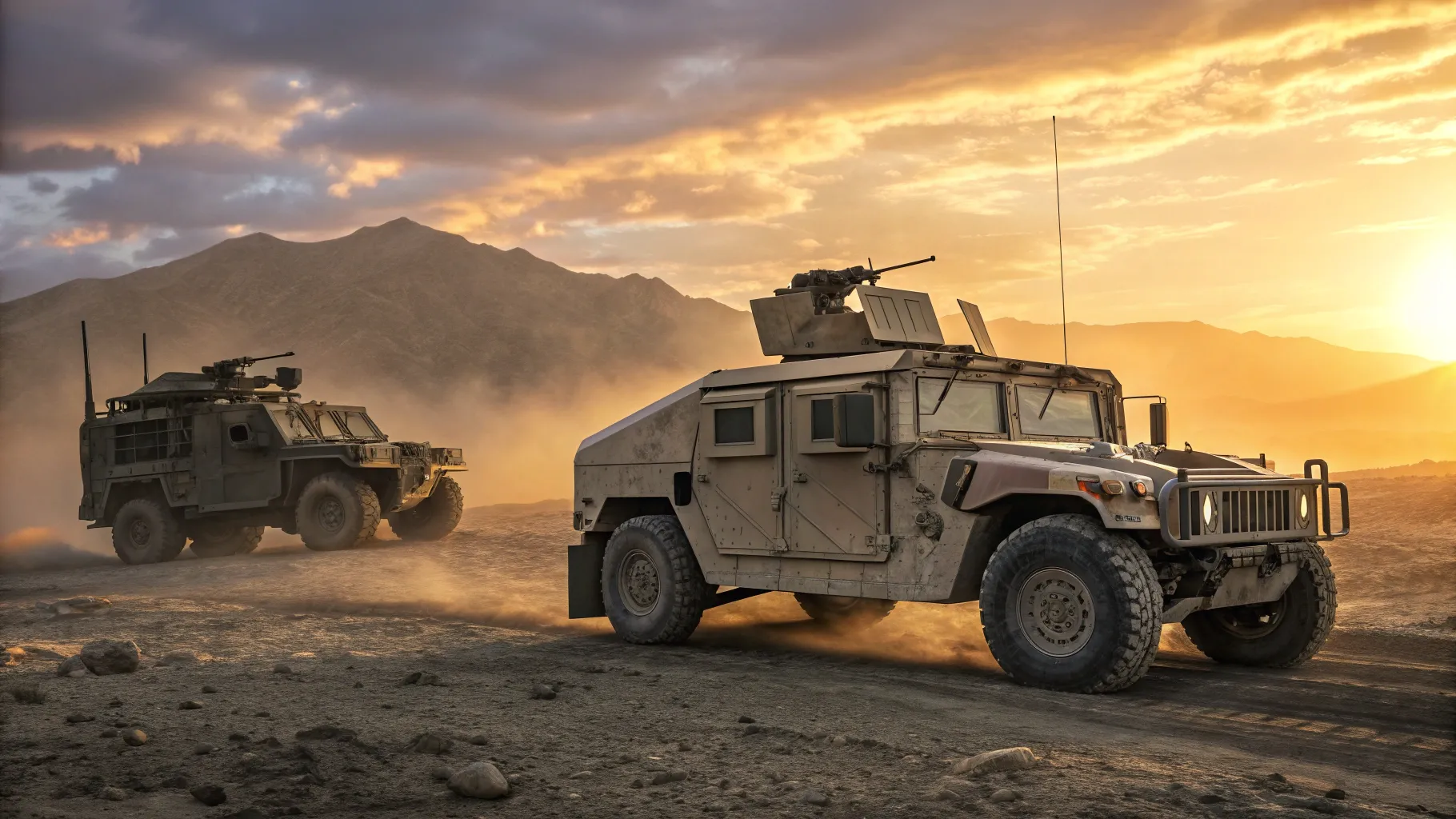 Humvee vs MRAP – Which Offers Better Protection? Two armored vehicles in rugged terrain.