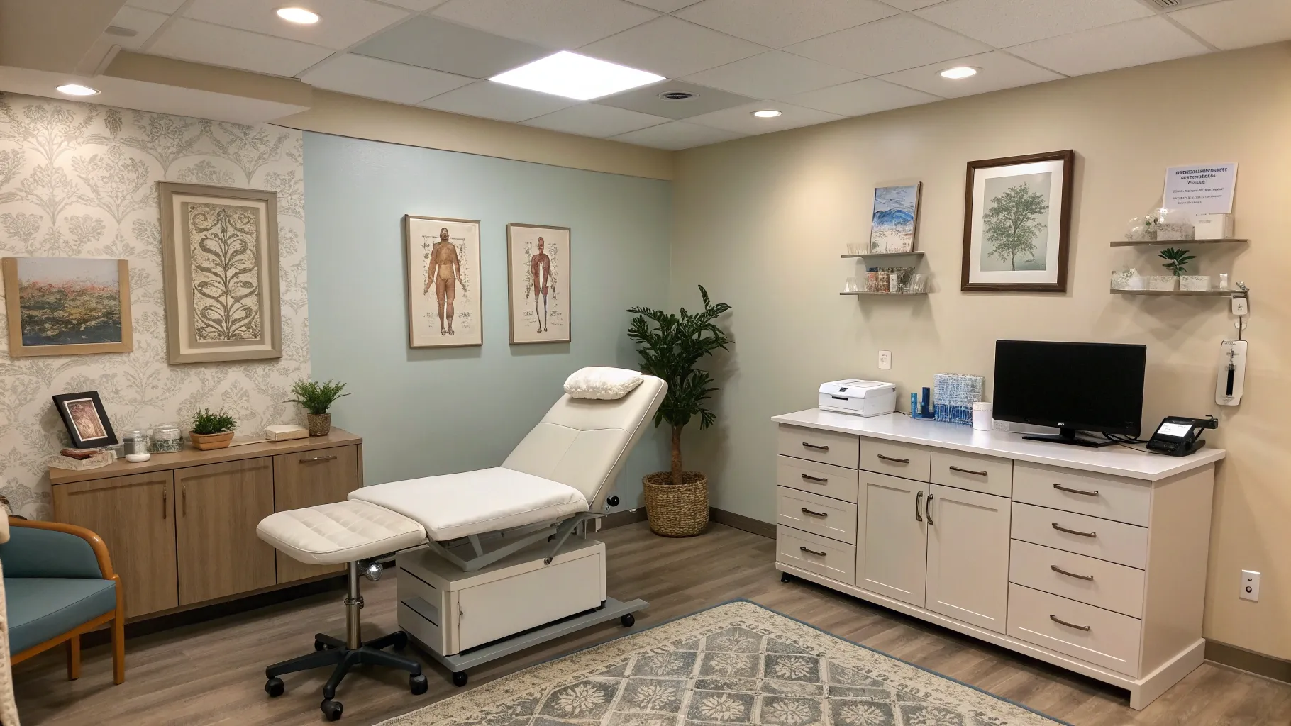 Areola Reduction Surgery for seniors consultation room with medical equipment and decor.