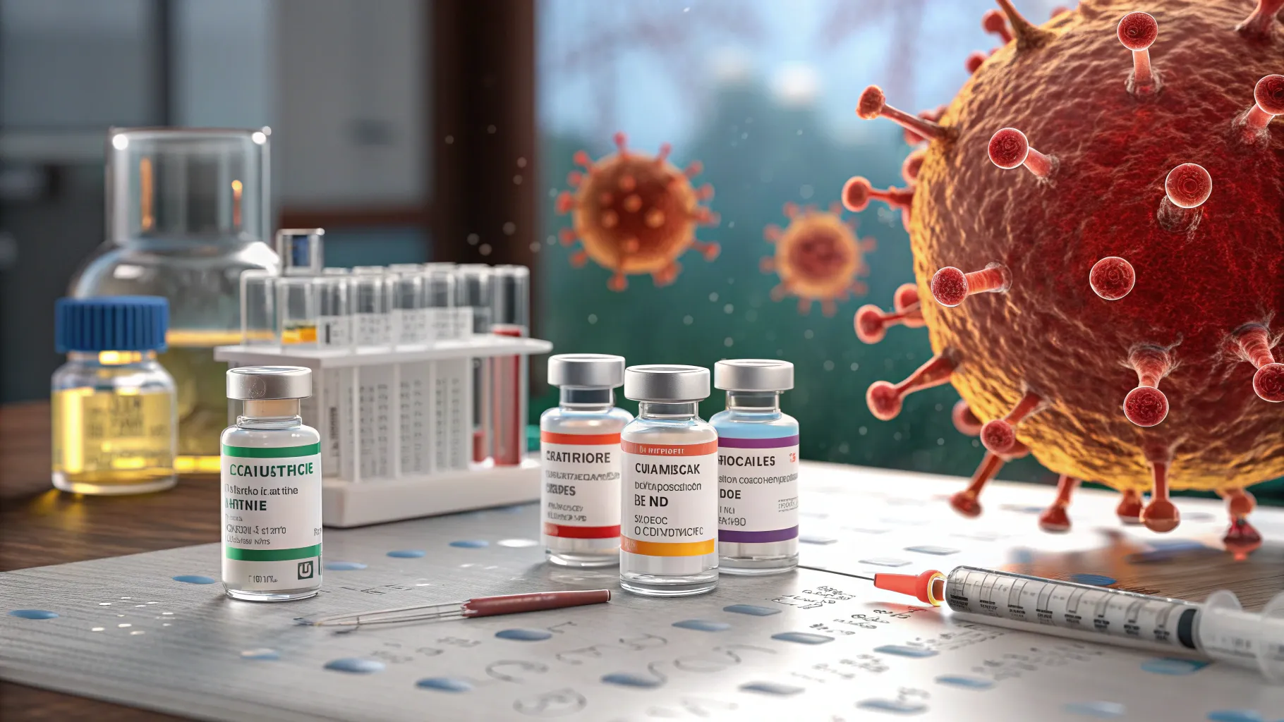 Different Types of Immunotherapy for Lung Cancer displayed with vials and lab equipment.
