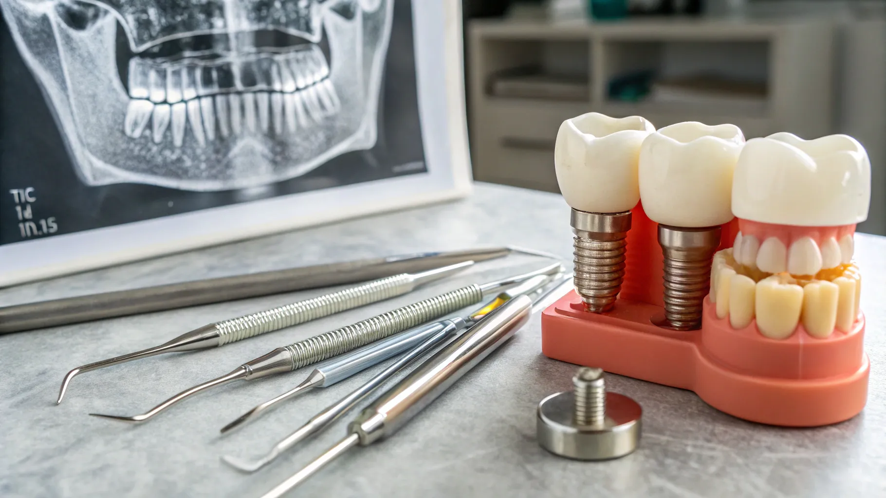 price of dental implants for seniors shown in a dental clinic setting with tools and models.