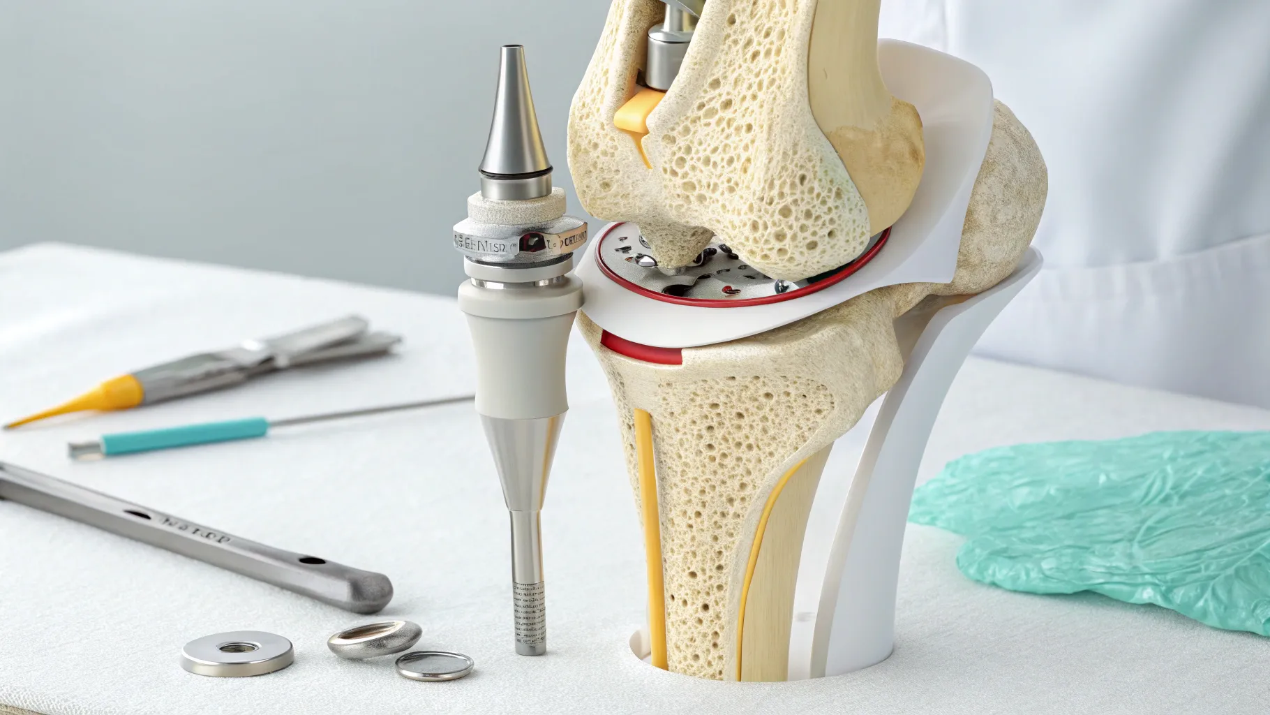 Knee replacement surgery Risks and Complications: Close-up of a detailed knee implant model.