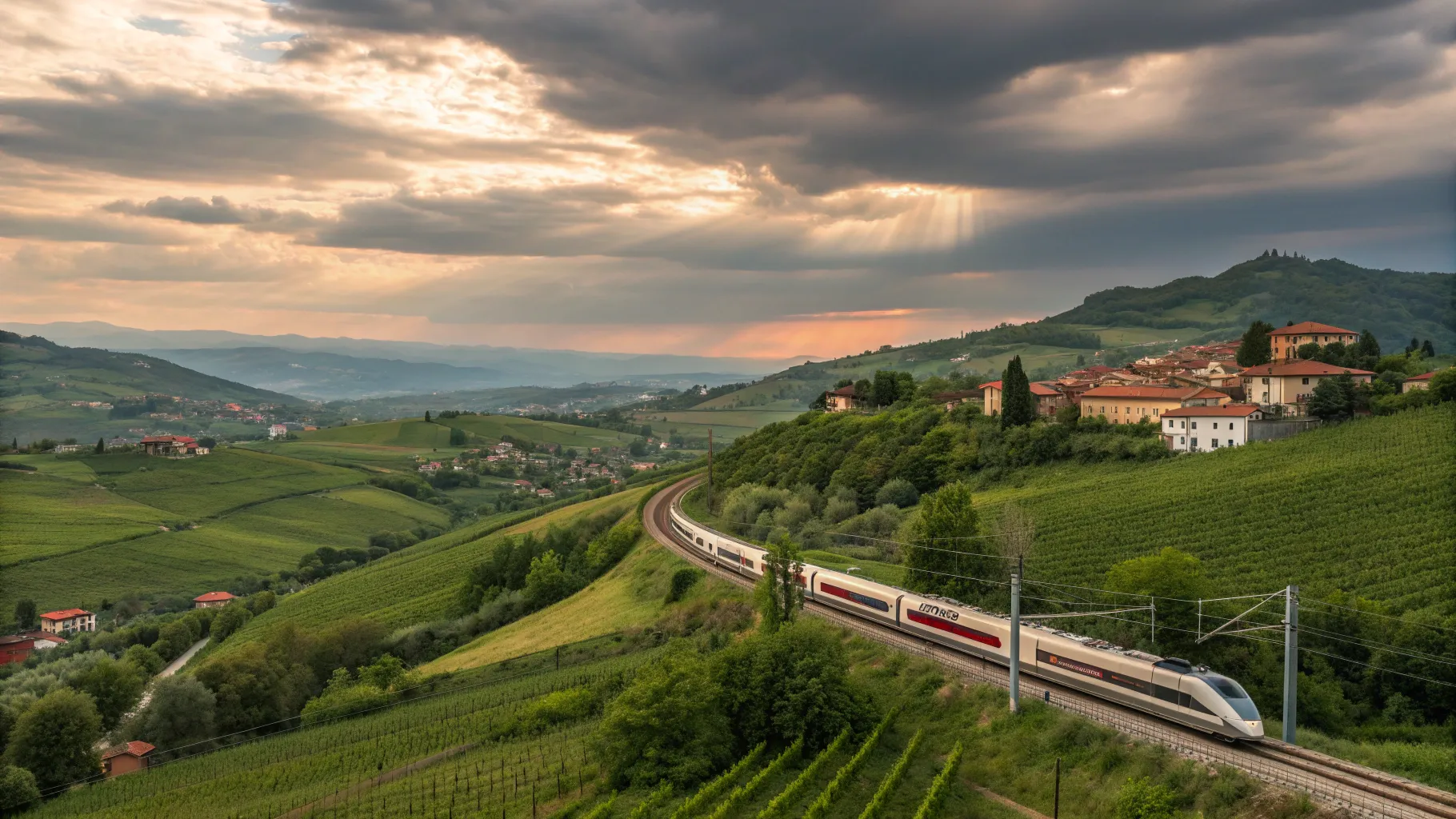 Italy by Train: Breathtaking countryside view with a sleek train amidst hills and vineyards.
