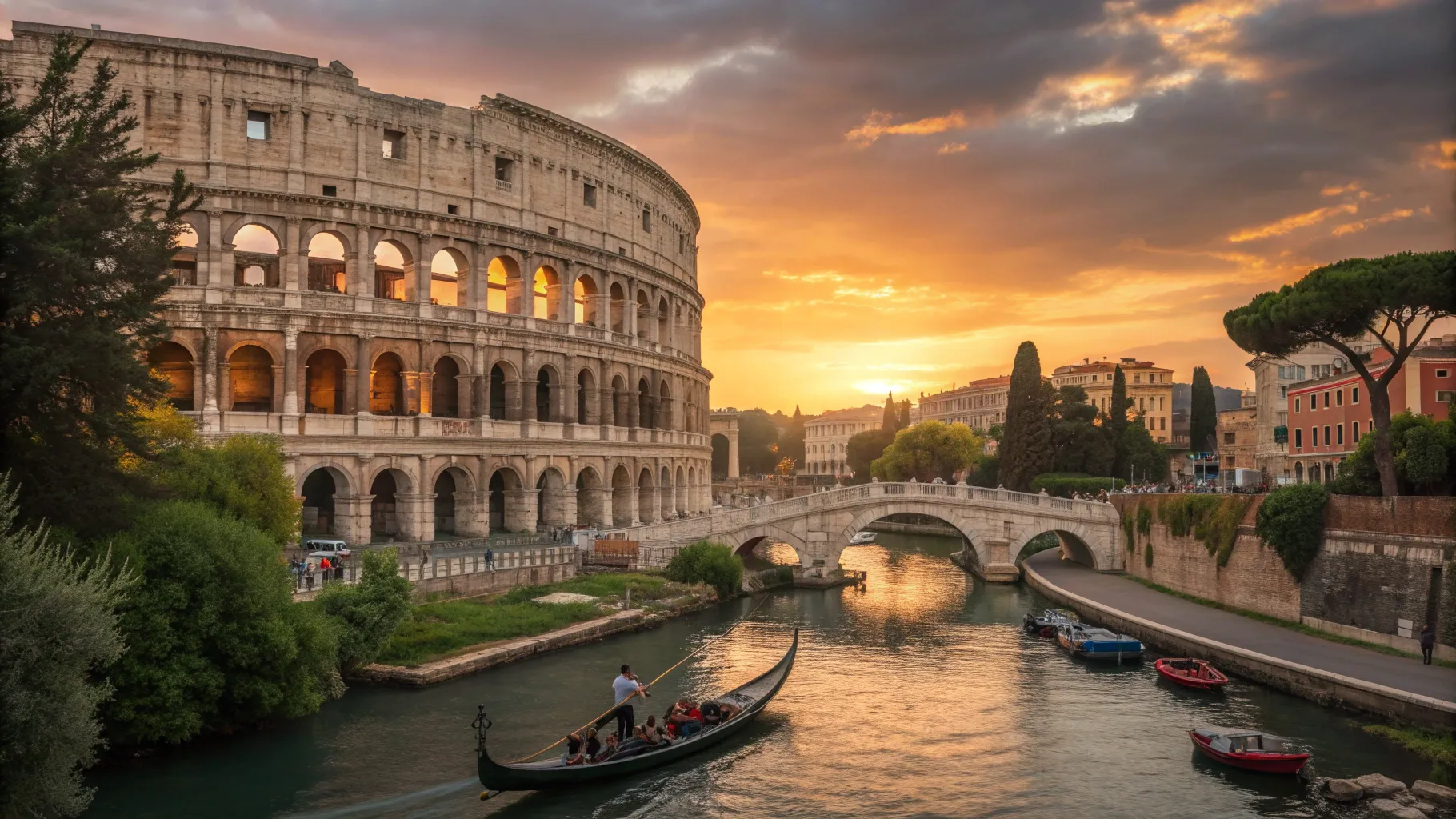 7 Days Italy Rome & Venice Tour Package: serene sunset over Colosseum and Venetian canals.