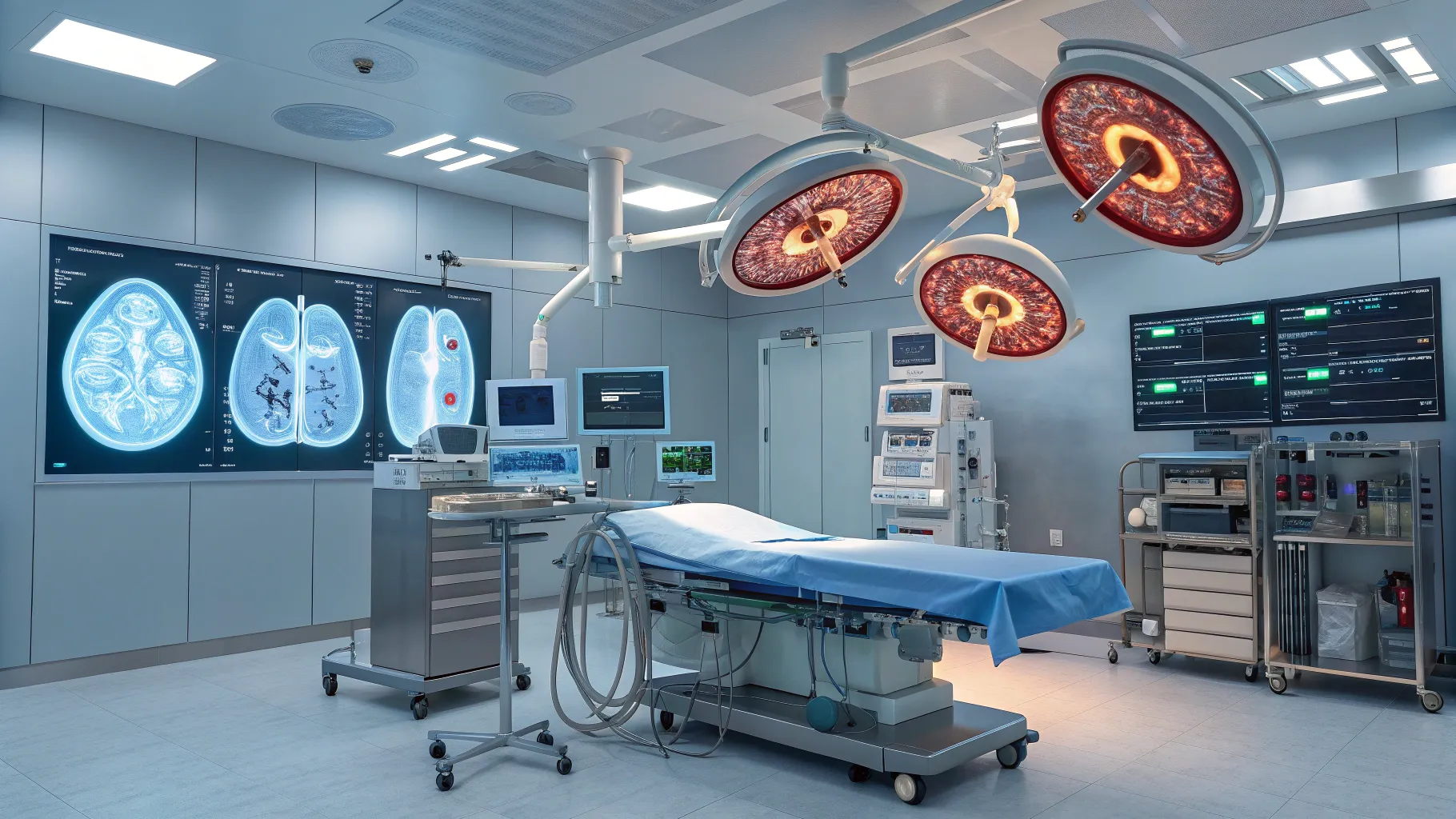 Kidney surgery instruments and equipment in a modern operating room setting.