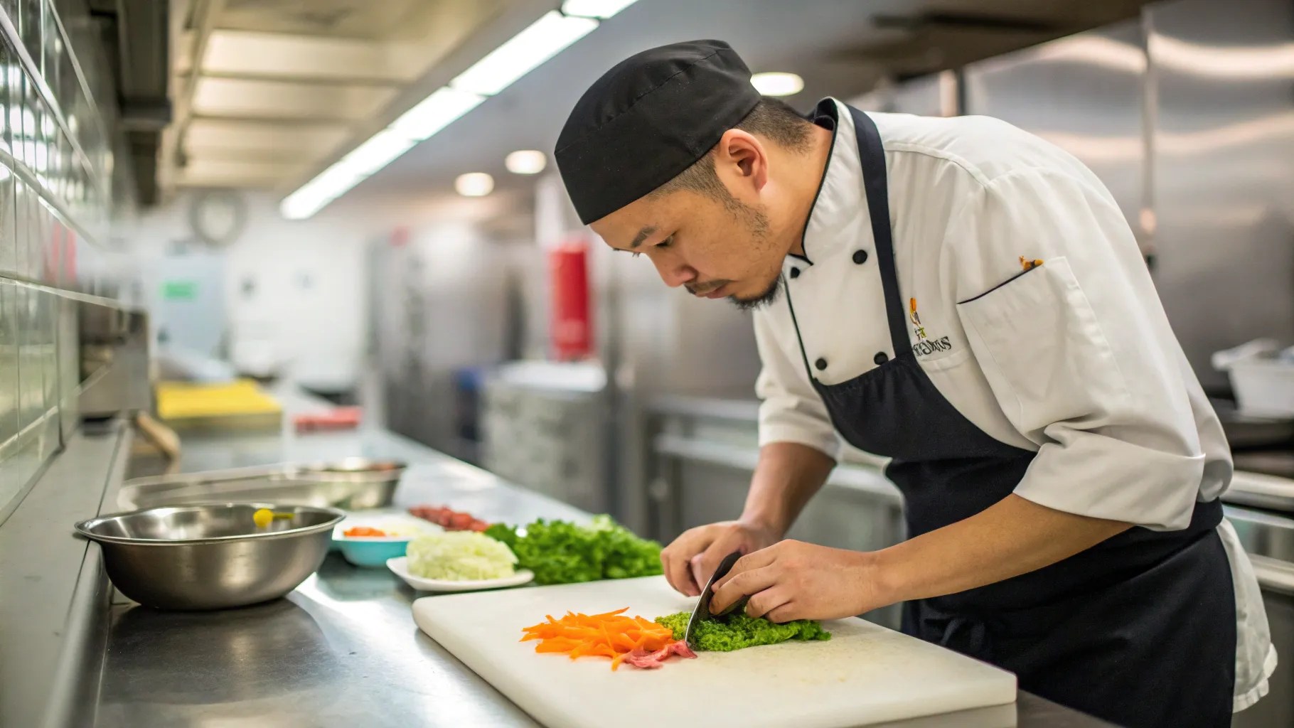 A busy kitchen assistant preparing vegetables in a professional kitchen, showcasing the dynamic nature of kitchen assistent jobs.