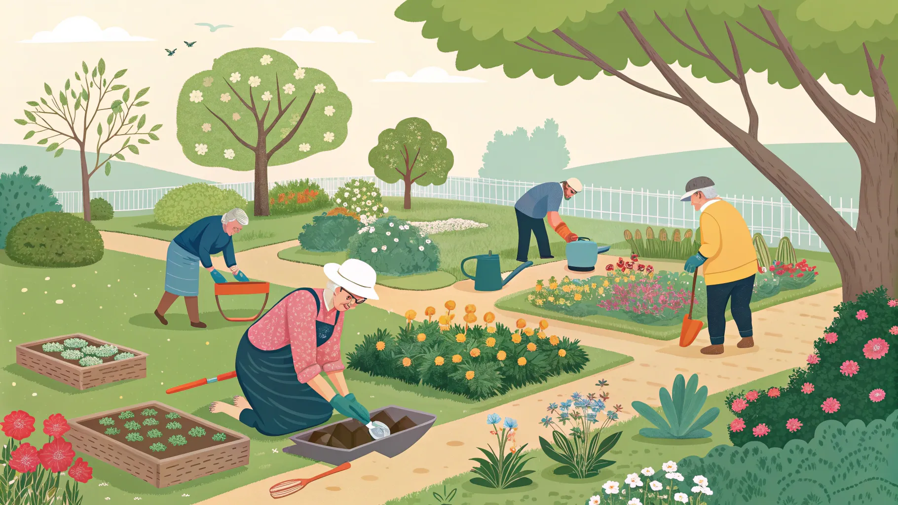 Landscaping assistant jobs for seniors in Australia highlight a vibrant garden scene.