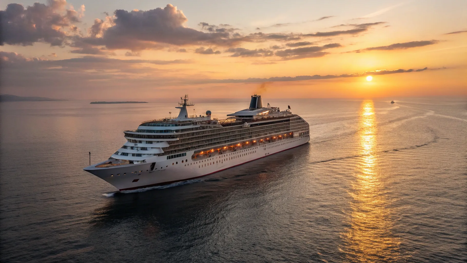 A cruise ship deck overlooking the ocean at sunset, highlighting opportunities for last minute cruises