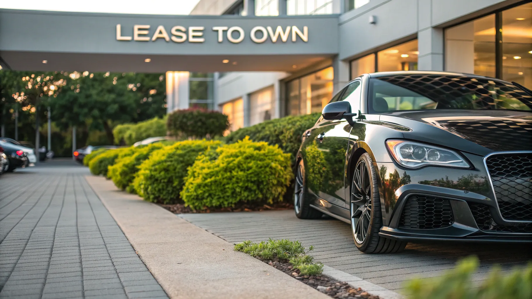 Lease to own car financing options displayed at an inviting dealership scene.