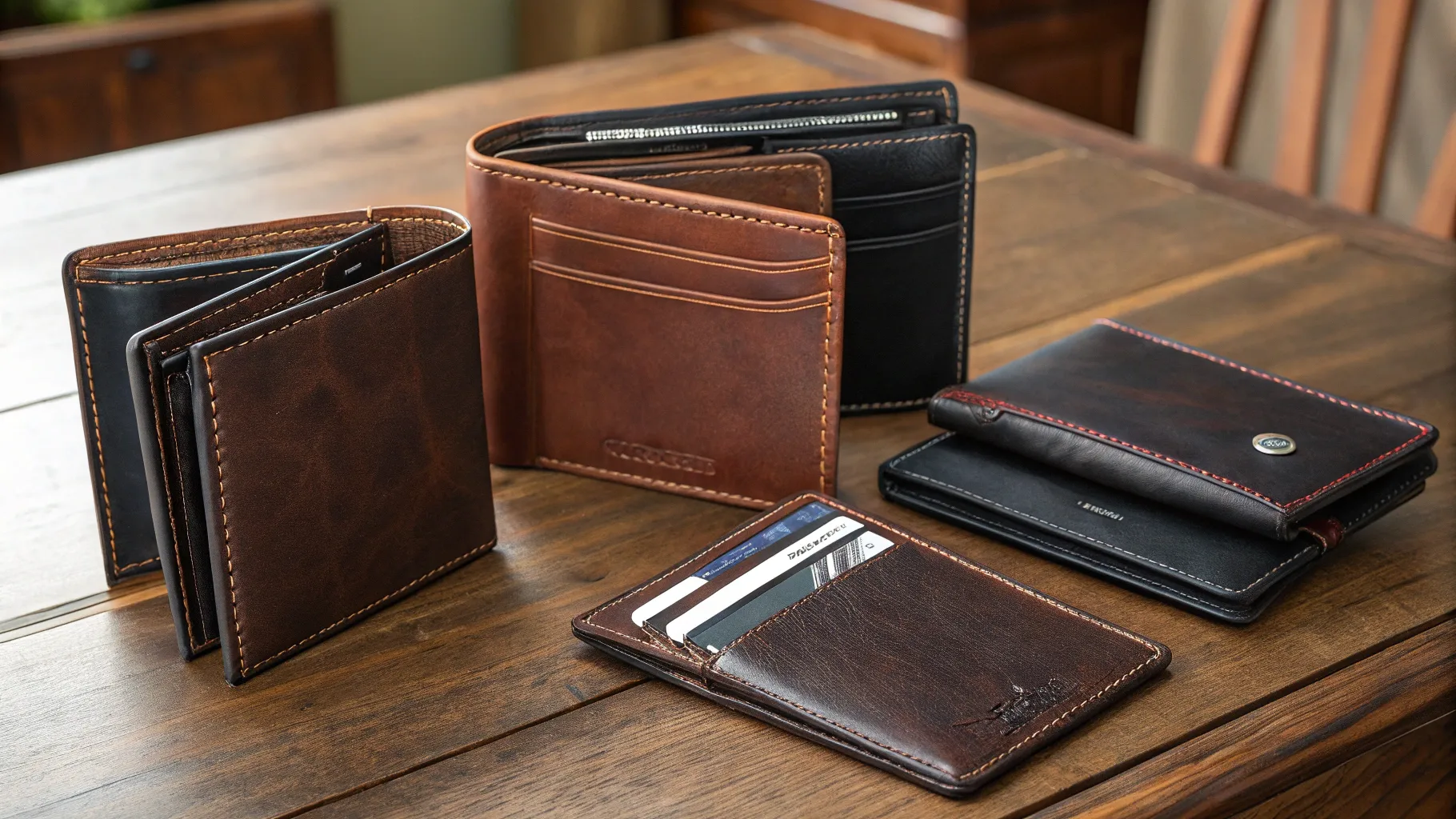 Leather wallets for man over 60 displayed with elegant textures and intricate details.