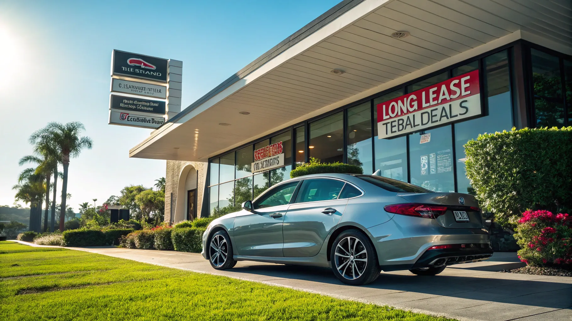 Long term car lease offers displayed at a contemporary dealership with a shiny vehicle.