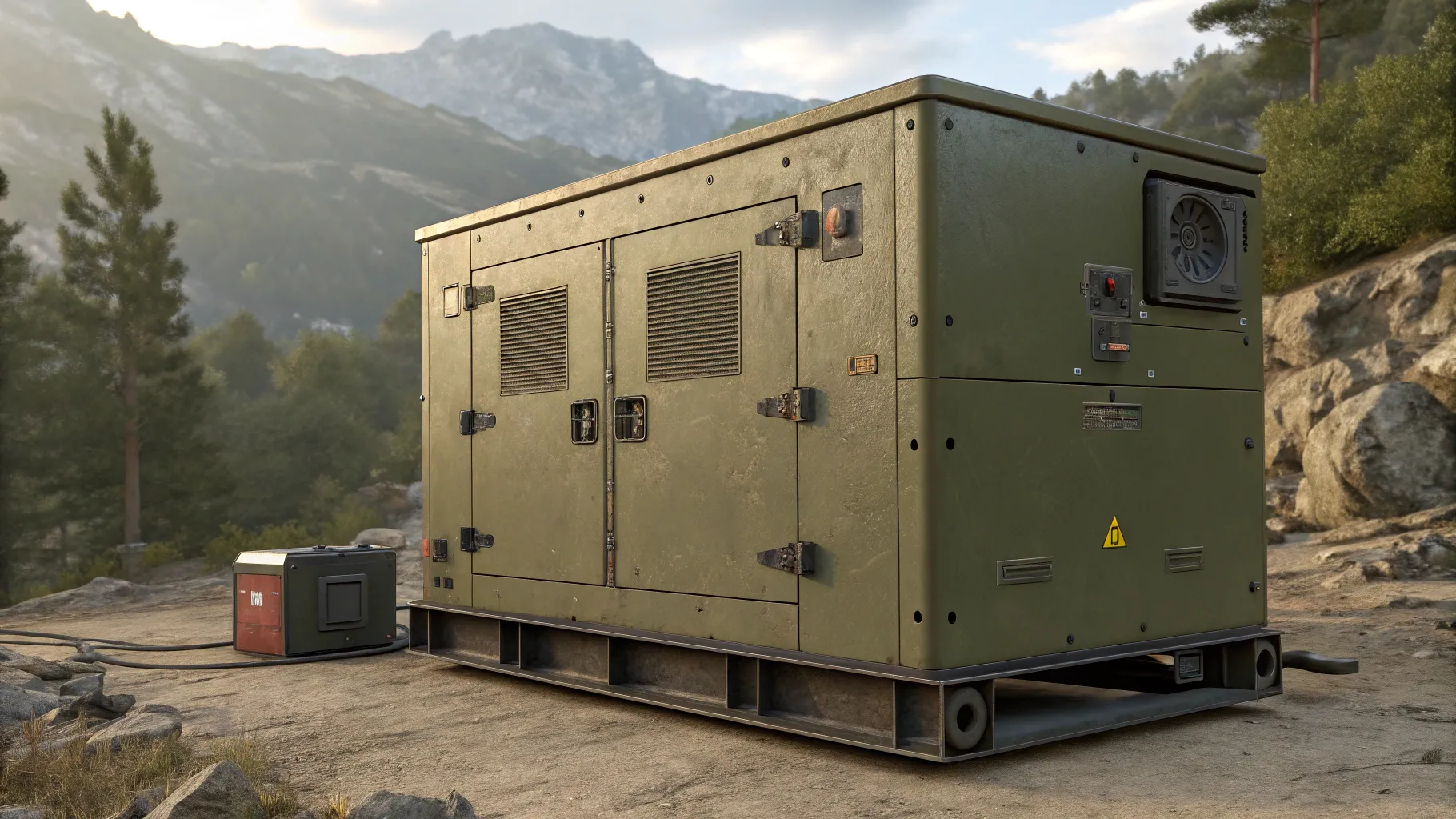 Military Generators powering a construction site amidst a rugged outdoor environment.
