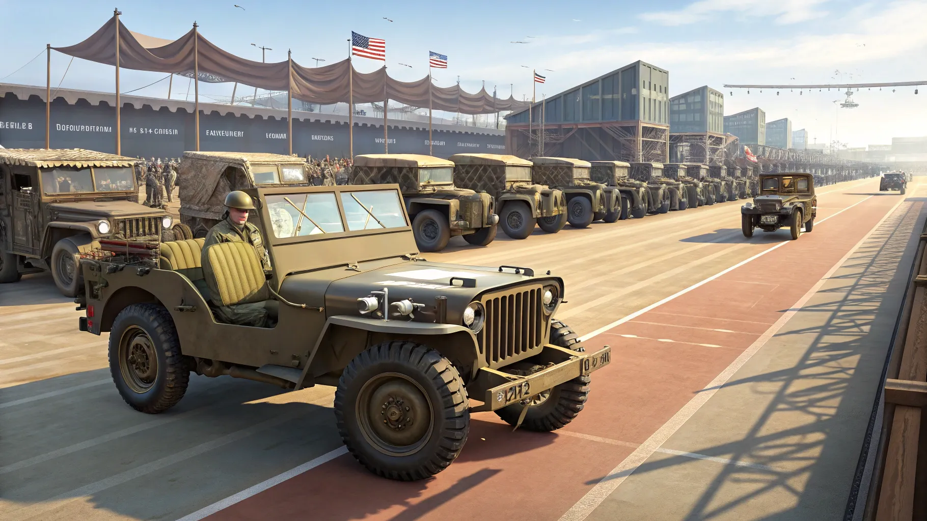 Military Vehicle Auctions feature a classic jeep and modern trucks in a lively setting.