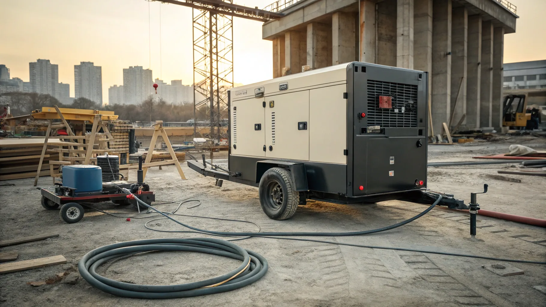 Mobile Trailer-mounted Generators power construction site tools and equipment efficiently.