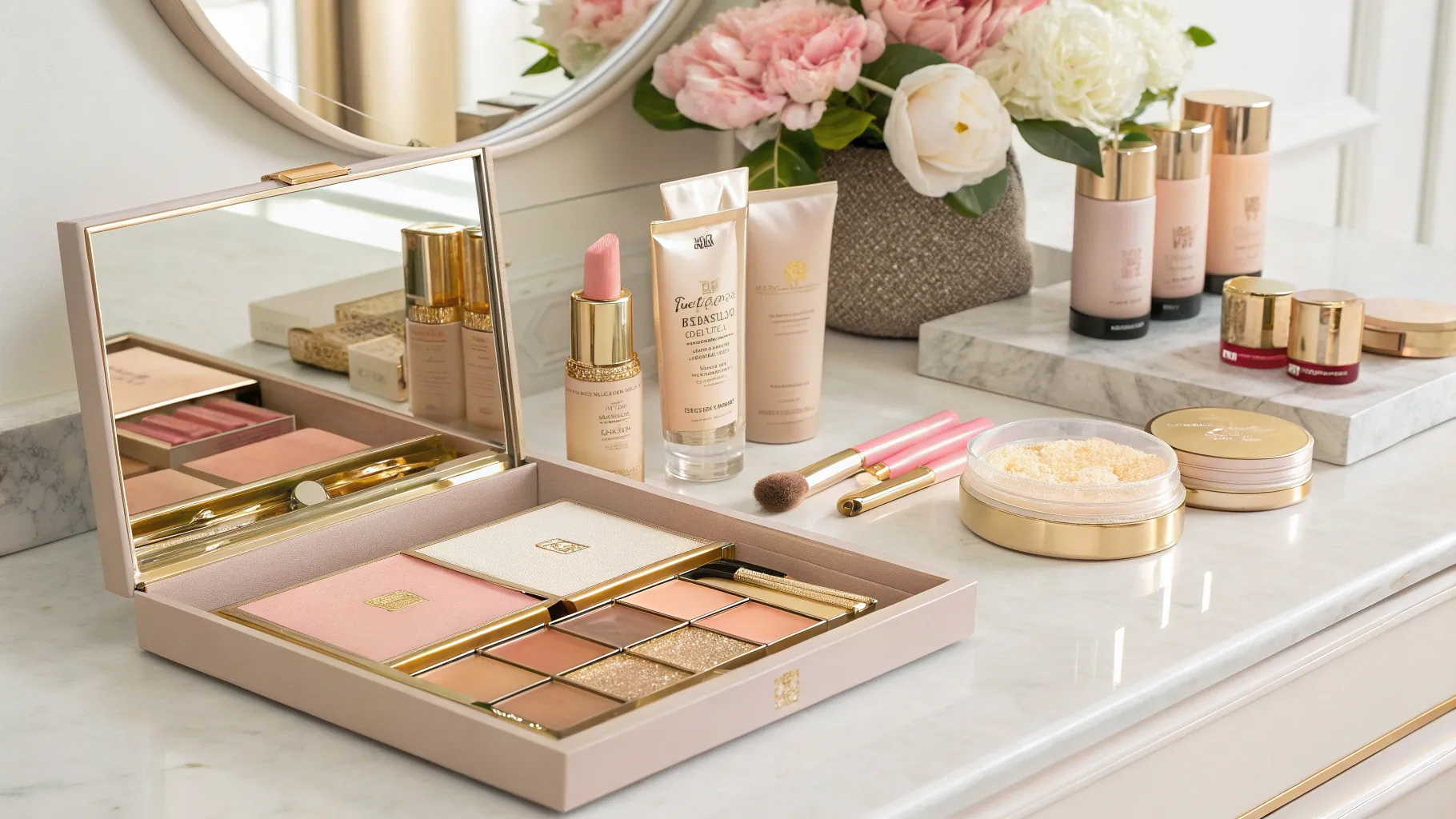 Makeup for Women Over 70: A stylish vanity adorned with elegant beauty products.