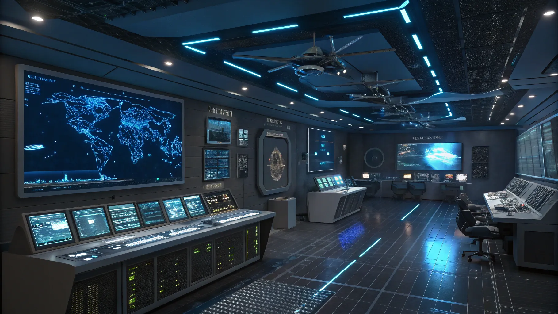Military Cyber & Tech Equipment in a high-tech command center with advanced displays.