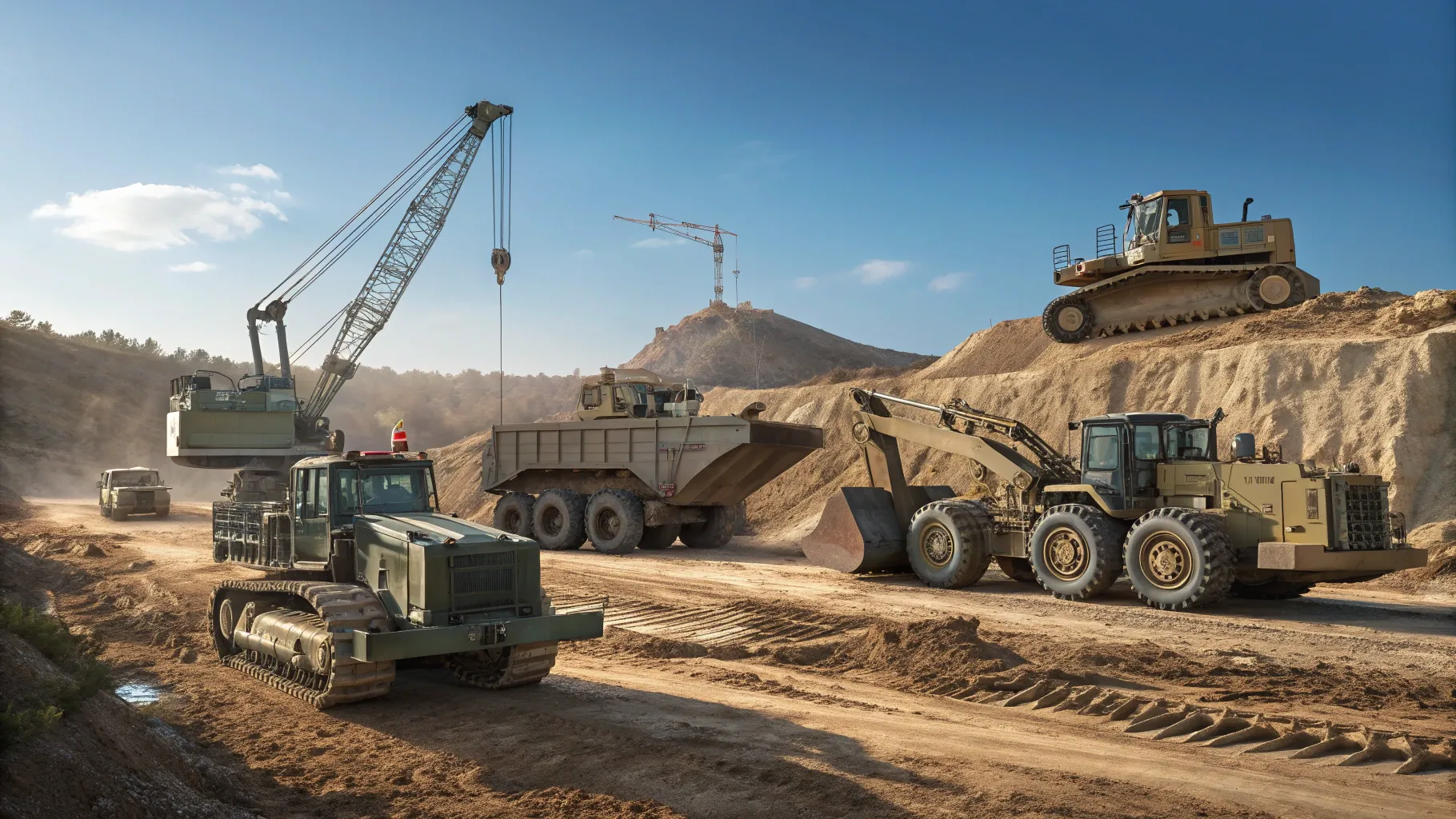 Military Engineering Equipment displayed at a construction site with heavy machinery.