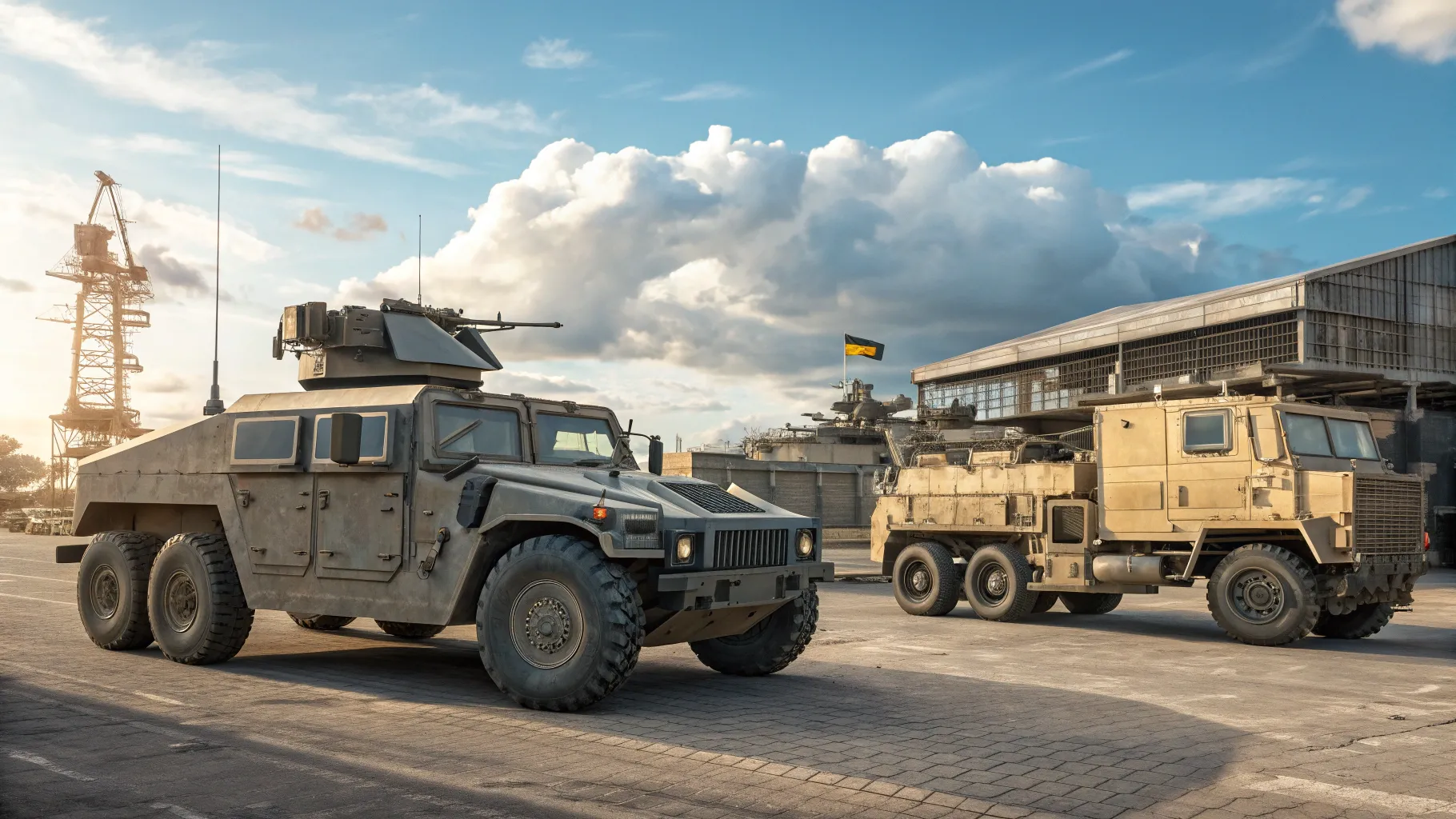 Military Ground Vehicles on display at a surplus auction showcasing their rugged design.