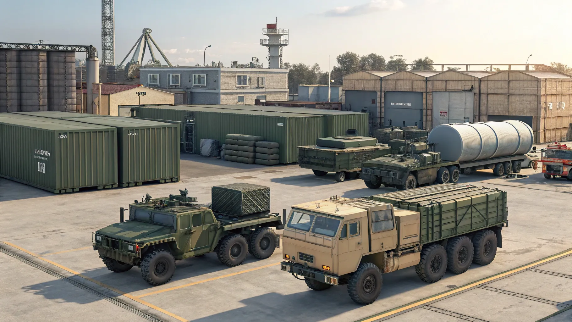 Military Logistics & Support Equipment in a spacious depot with various gear arranged.