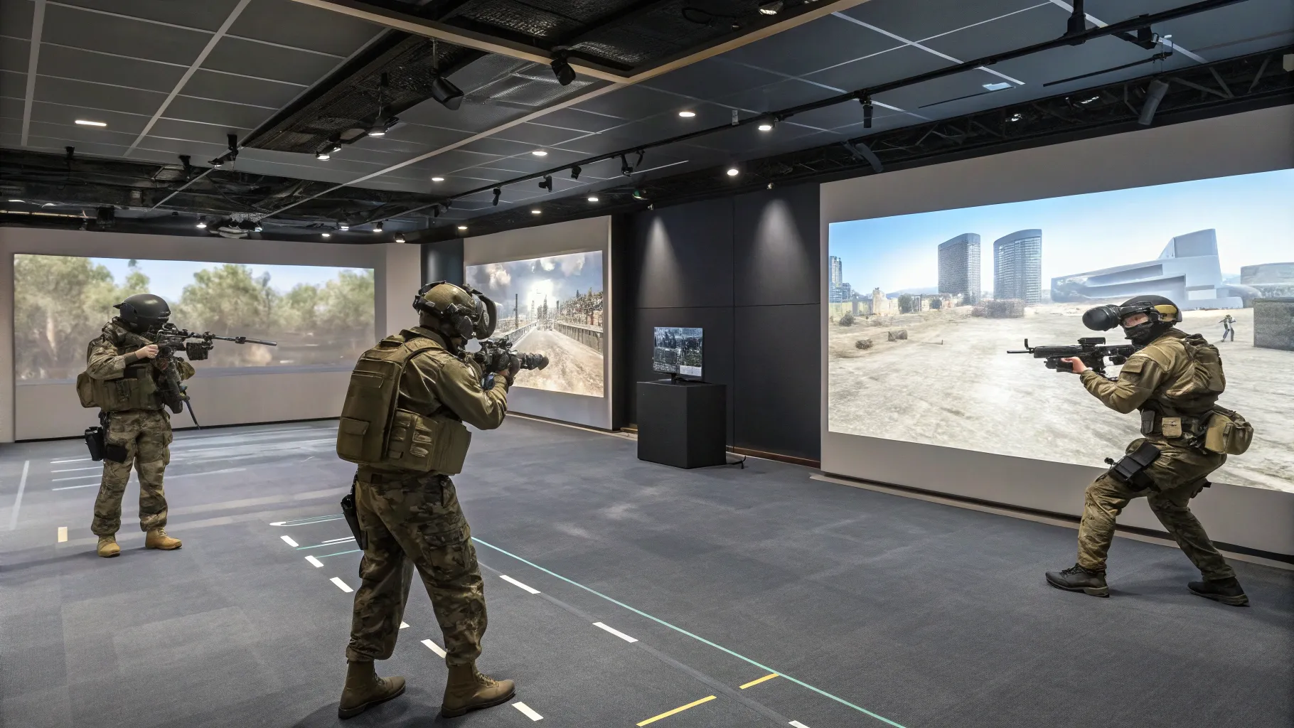 Military Training & Simulation Systems: A high-tech training room with VR and projection screens.