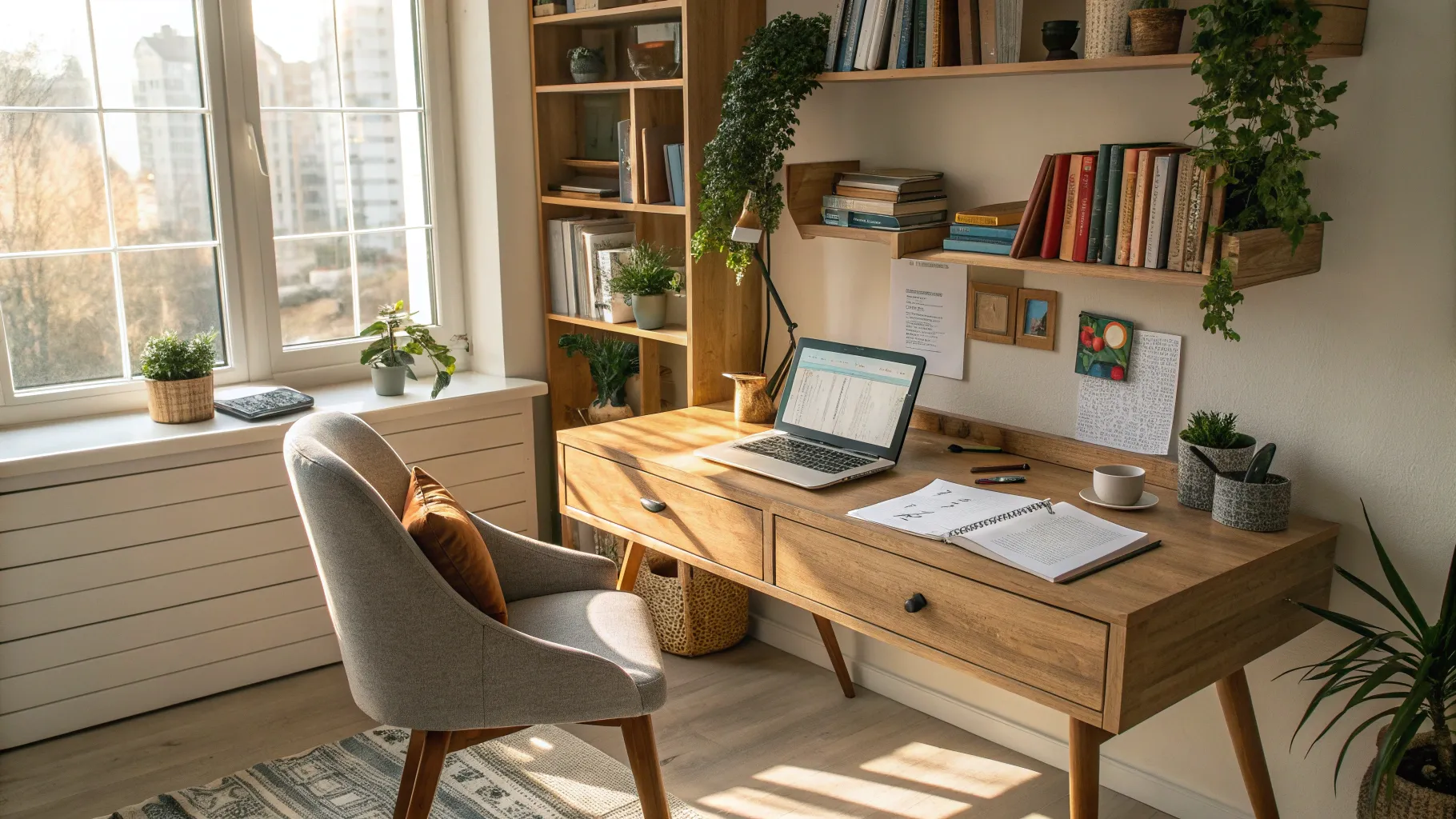 Office jobs for seniors: inviting home office with a desk, laptop, and warm sunlight.
