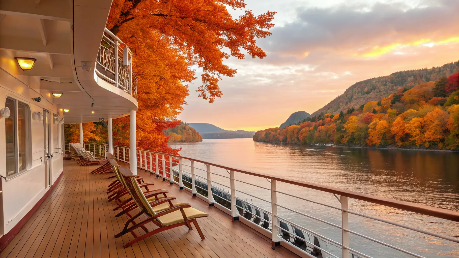 One Month Autumn Cruise offers vibrant foliage and serene sunset views on deck.