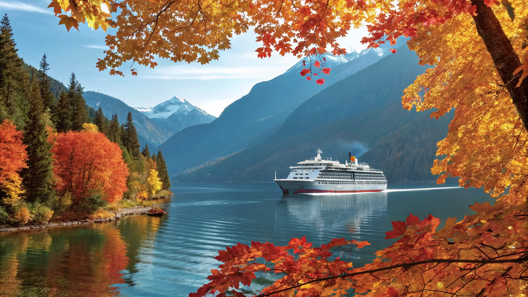 One Month Fall Cruise through stunning autumn foliage on a serene waterway.