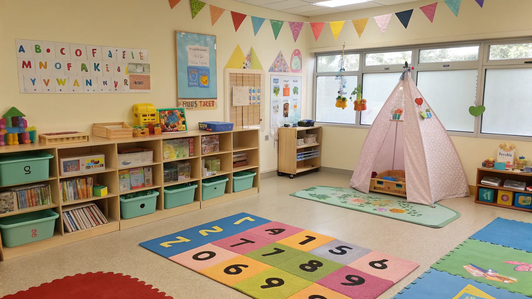 Nursery assistant training space with colorful toys and learning materials.