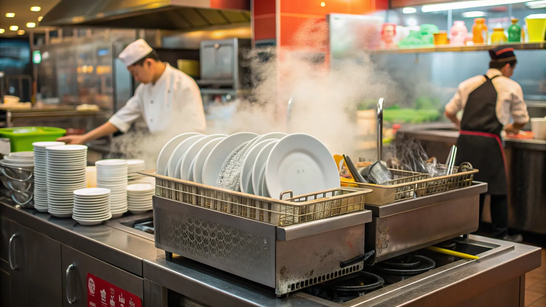 Dish washing jobs feature a gleaming kitchen with clean dishes and busy chefs working.