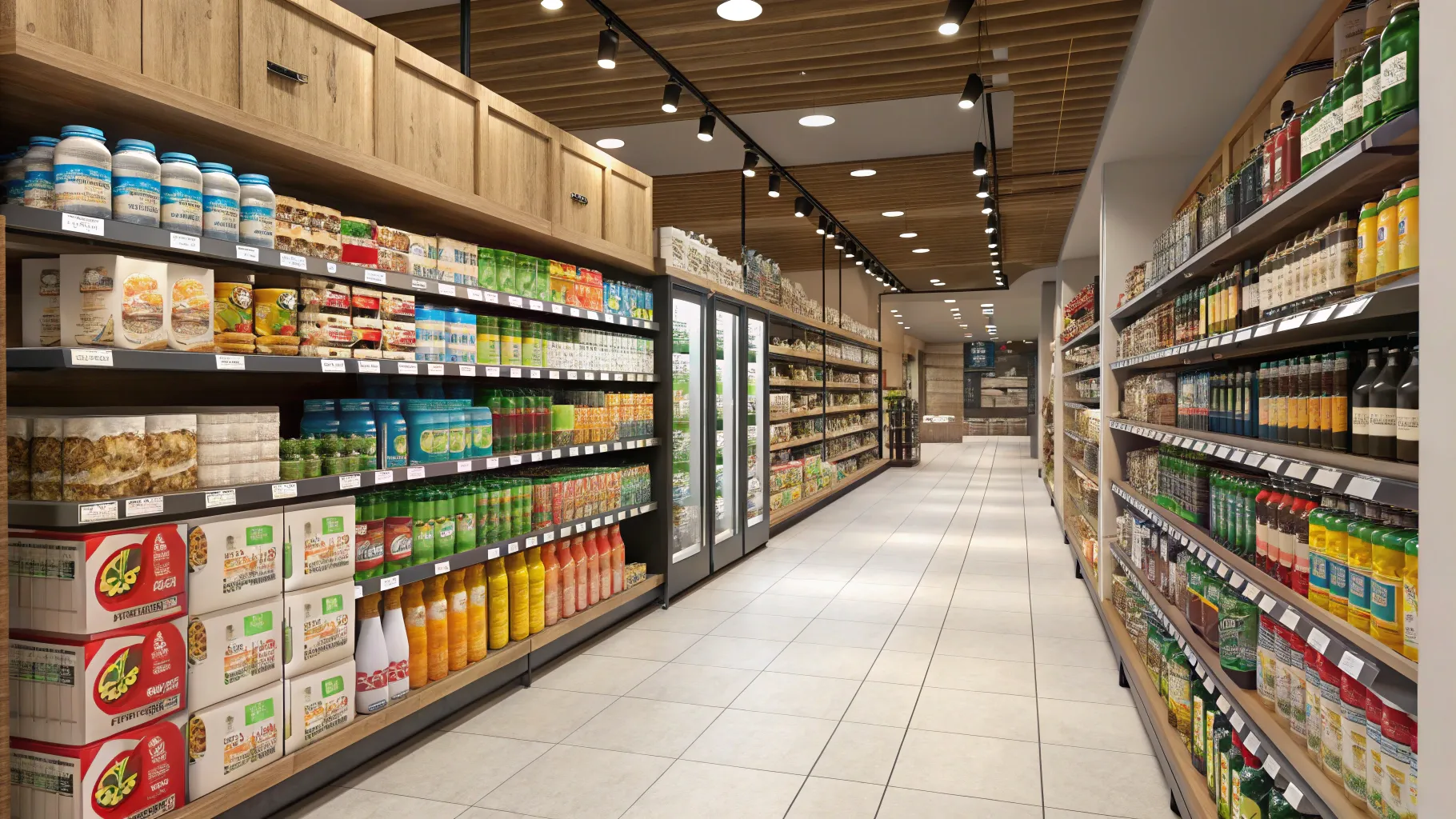 Supermarket shelf stocking jobs display neat aisles full of diverse products.