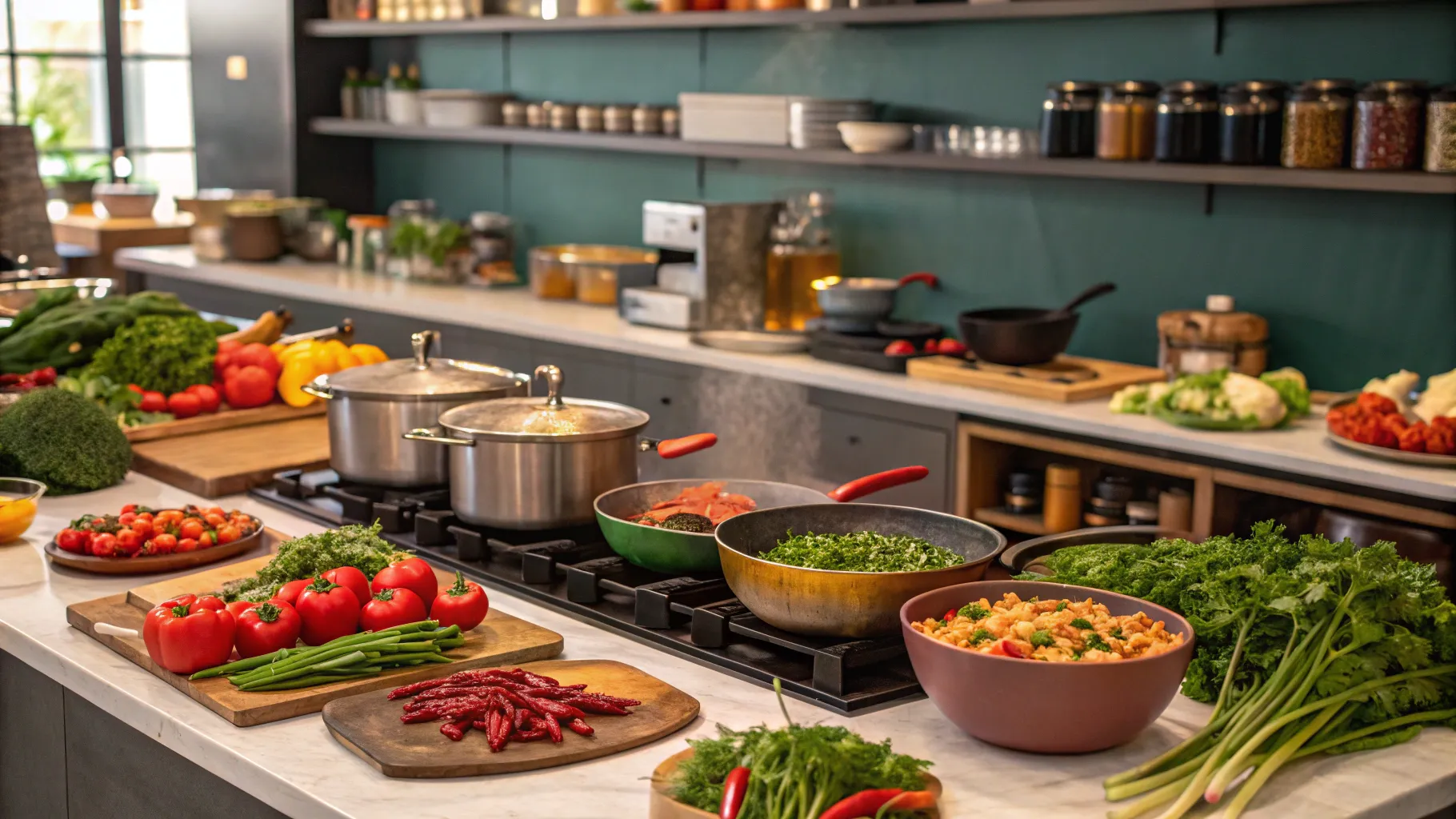 Cooking jobs filled with fresh ingredients and cooking tools in a vibrant kitchen.