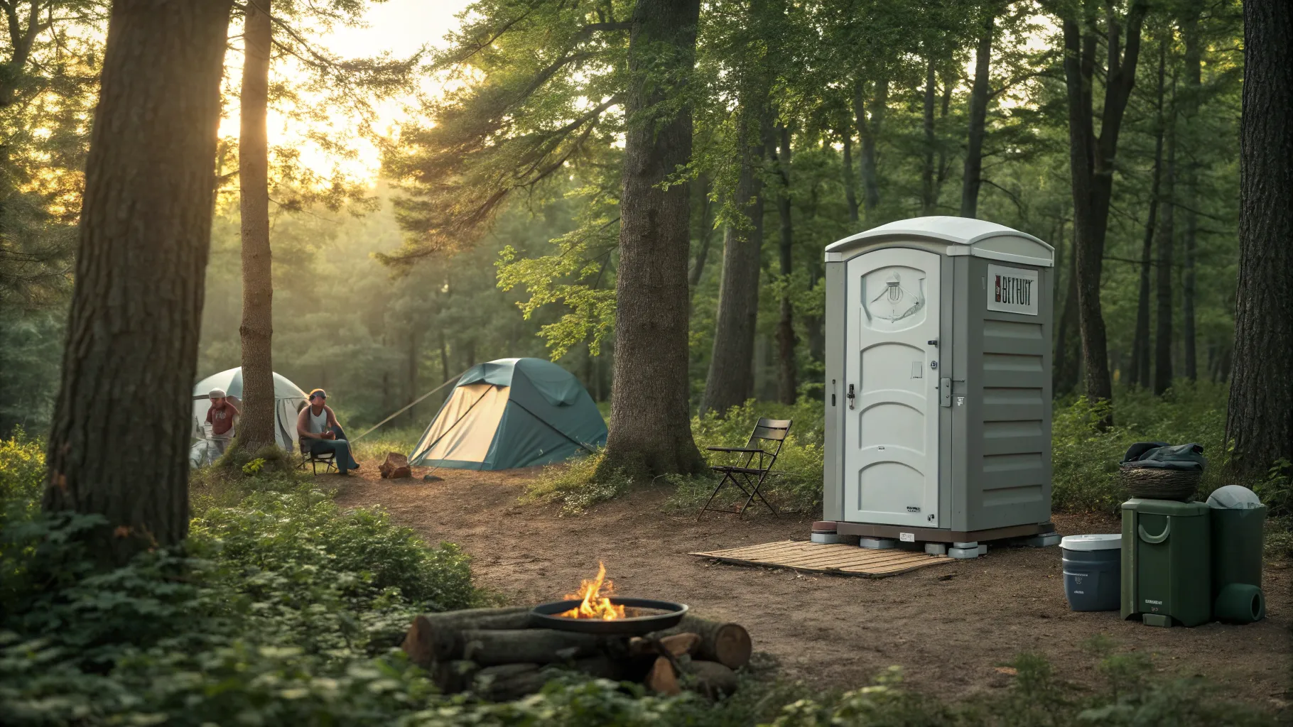 Portable Toilets for Travel set in a serene camping environment with gear nearby.