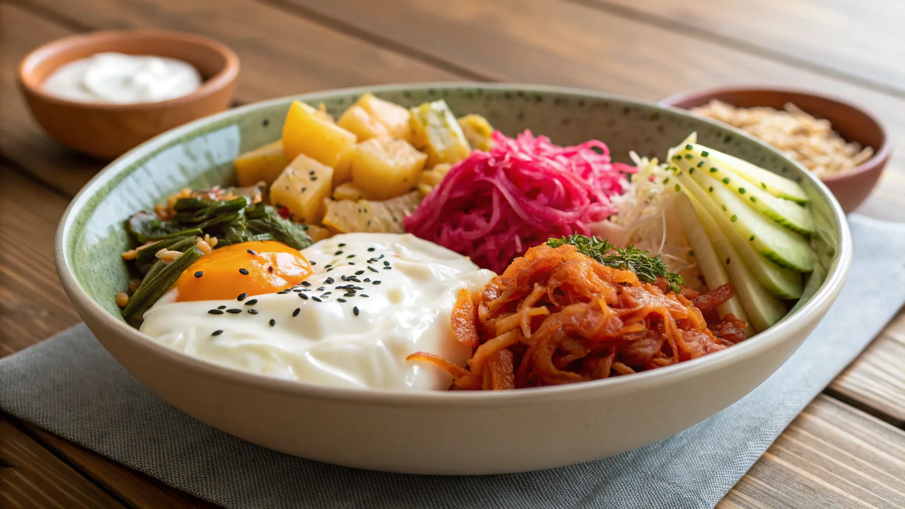 pROBIOTICS FOR GUT HEALTH: Colorful probiotic-rich foods on a wooden table showcasing textures.